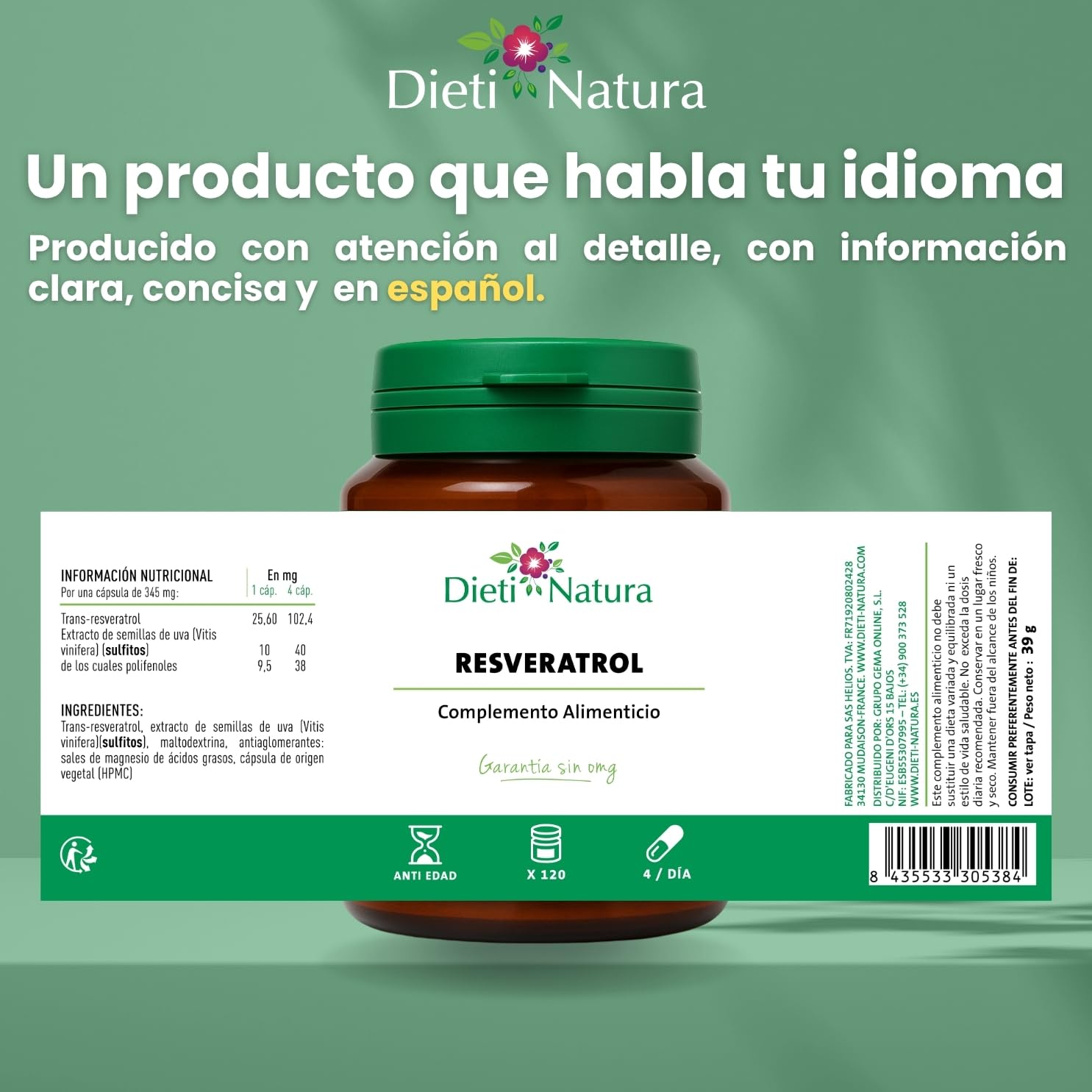 Dieti Natura Trans-Resveratrol 360 Cápsulas de Origen Vegetal - Resveratrol Antioxidante y Antiedad - Extraído de la Piel de Uvas Rojas con Polifenoles Naturales - Antioxidante Potente