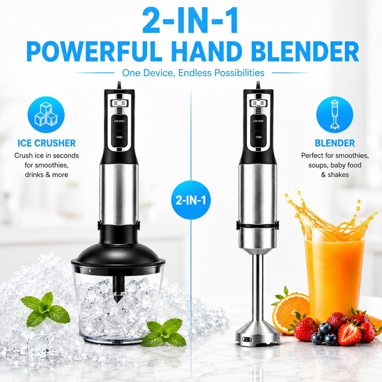 Immersion Blender Handheld, 2-in-1 500W blender with 14-Speeds & Turbo Mode