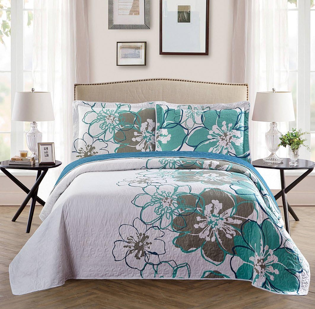 Fancy Collection 3 Pc Bedspread Bed Cover Oversize New (Full/Queen,White Grey Green Floral)