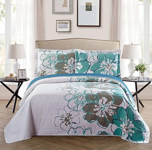 Miniatura 3 de Fancy Linen - Juego de cubrecamas para cama de tamaño grande, cuadrados, diseño floral en zigzag verde, morado, azul y blanco
