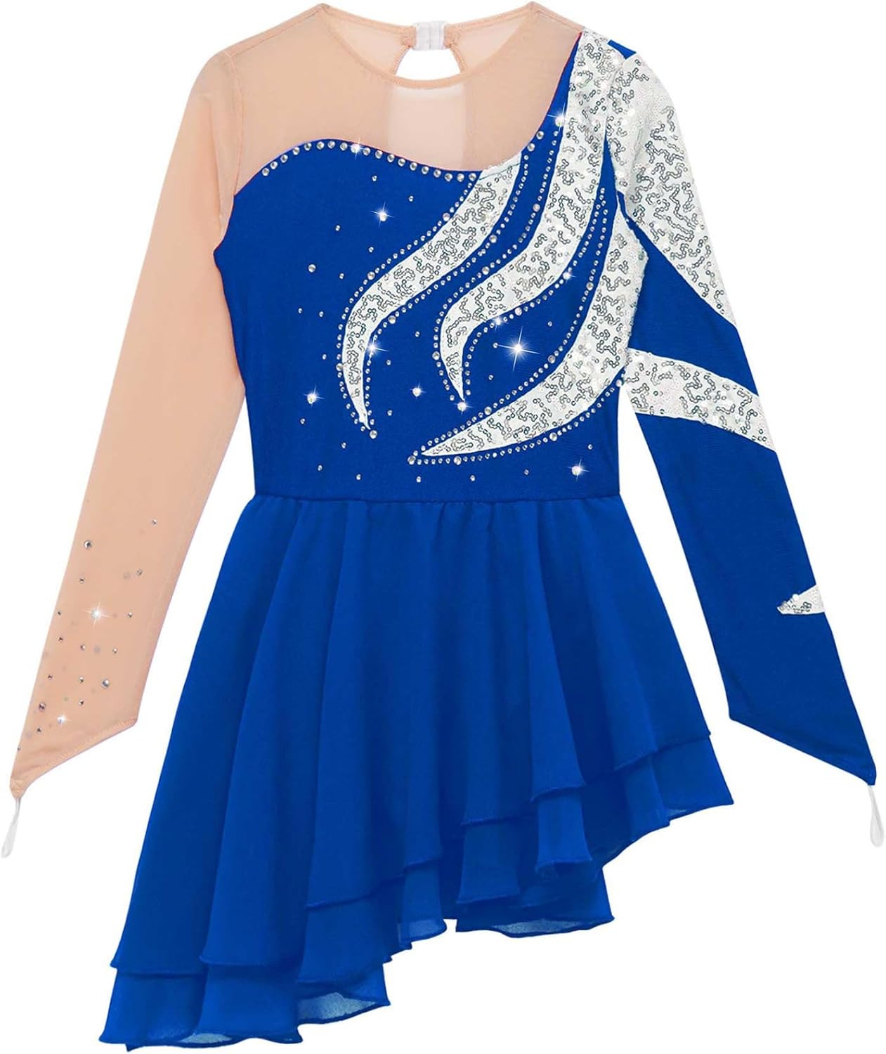 Kids Girls Rhinestone Long Sleeve Figure Ice Roller Skating Dress Asymmetrical Lyrical Dancewear Competition