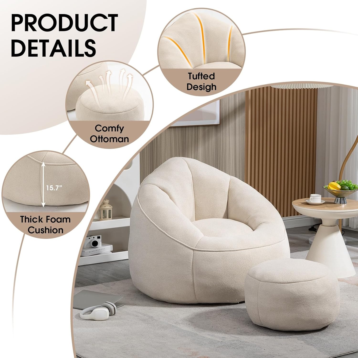 Bean Bag Chair for Adult, Microfiber Upholstered Bean Bag Sofa with Petal Back, Shell-Shaped Beanbag Chair with Footstool, Memory Foam Stuffed Lazy Sofa for Living Room, Bedroom (Beige) 4 71TZodP PGL. AC SL1500