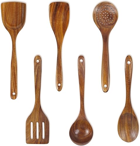 FJNATINH Juego de 6 piezas de utensilios de cocina de madera de teca, cucharas de madera grandes para cocinar, mezclar, hornear, juego de utensilios