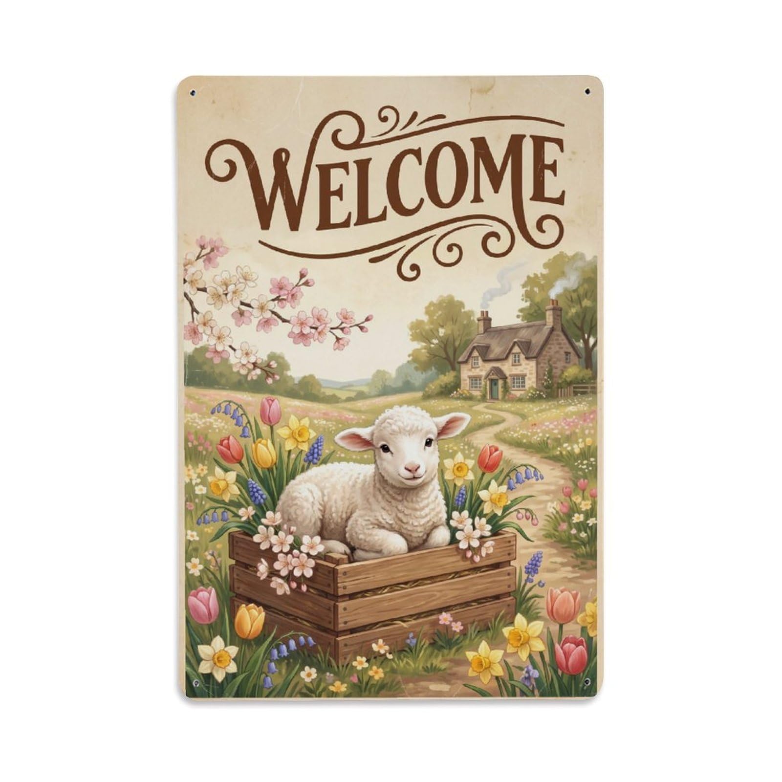 Cxhjca 8X12inch(20X30cm) Vintage Welcome Lamb Blossom Time Metal Tin Sign