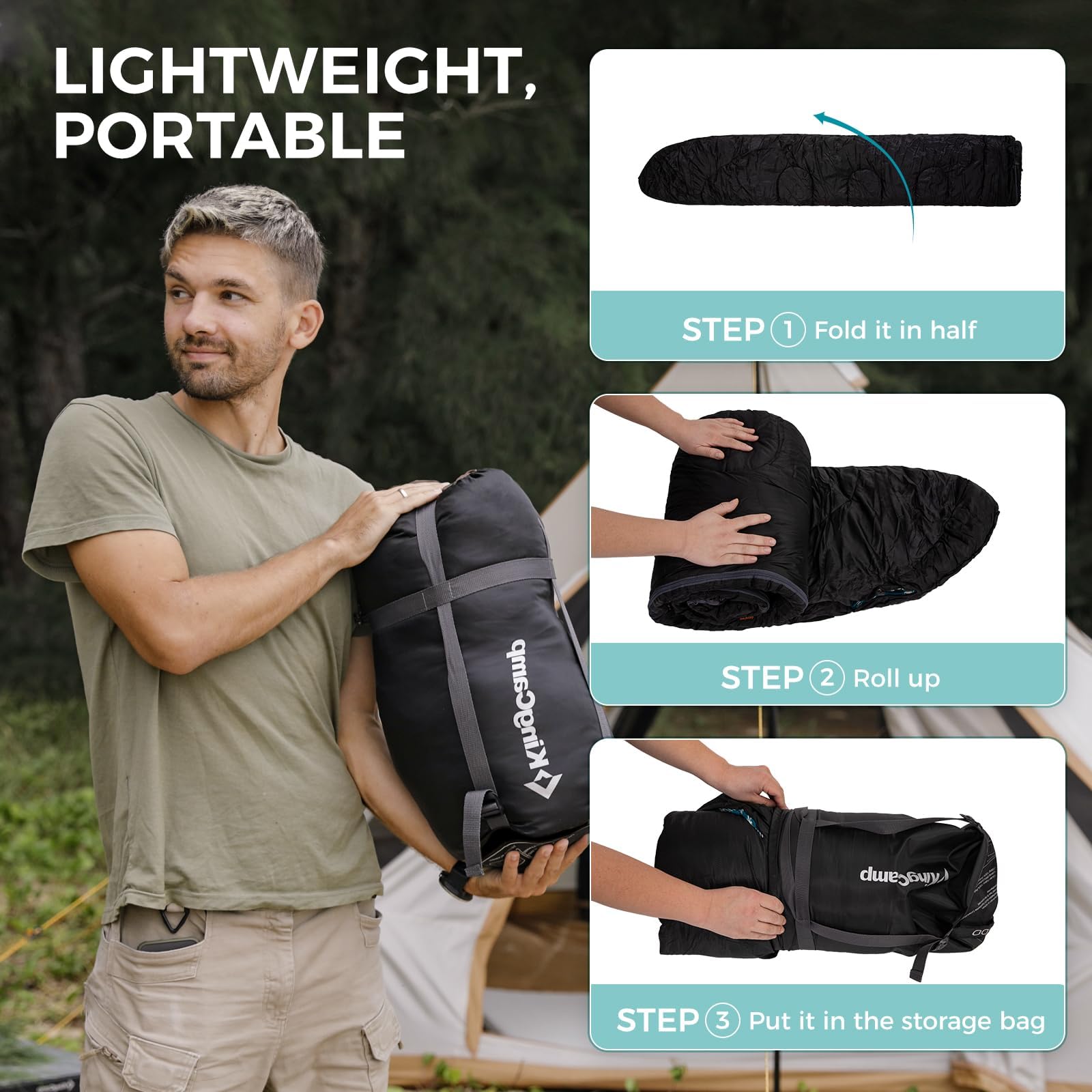 KingCamp for Adults, Winter | Flannel Lined Cold Weather 4 Season Sleeping Bag Sacos de Dormir Grandes y Altos, Ligeros, Resistentes al Agua para Camping, mochileros, Senderismo, Color Negro Derecho