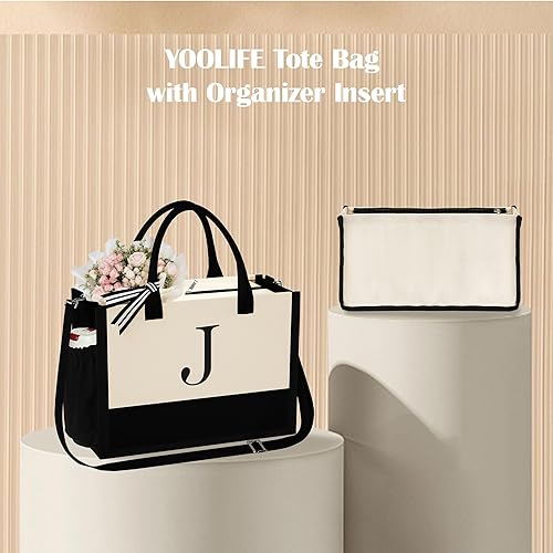Miniatura 7 de YOOLIFE Regalos personalizados para mujer, bolsa de lona con monograma con organizador con cremallera, regalo de cumpleaños para mujeres, Blanco, B