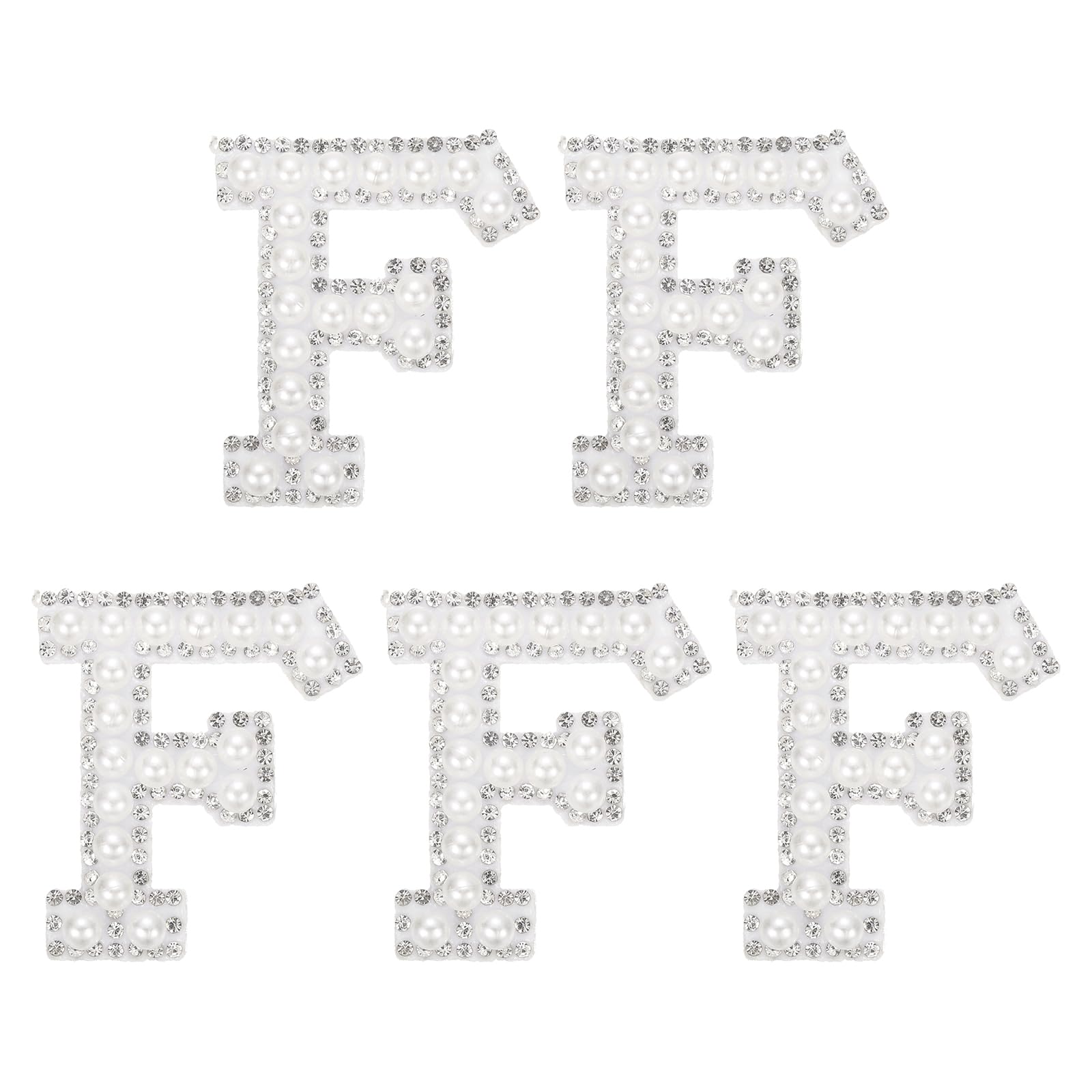sourcing map 5 Pcs Iron on Pearl Letter F Patches, Pearl Rhinestone A-Z Alphabet Self Adhesive Sew on Patches, Glitter Letter Applique for Clothes Fabric DIY Backpack, White
