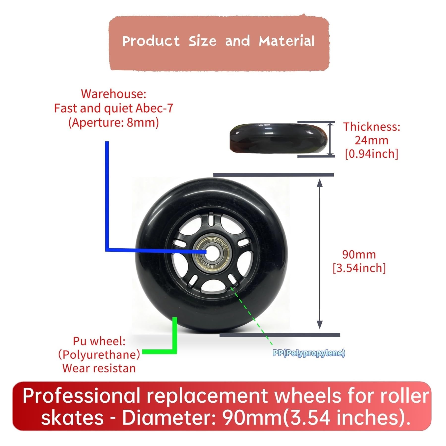 Lot de 8 roues universelles en polyuréthane de 90 mm pour patins à roues alignées, bagages, poussette avec roulements ABEC-7 608, 12 variantes de couleur, trou intérieur de 8 mm (doré)