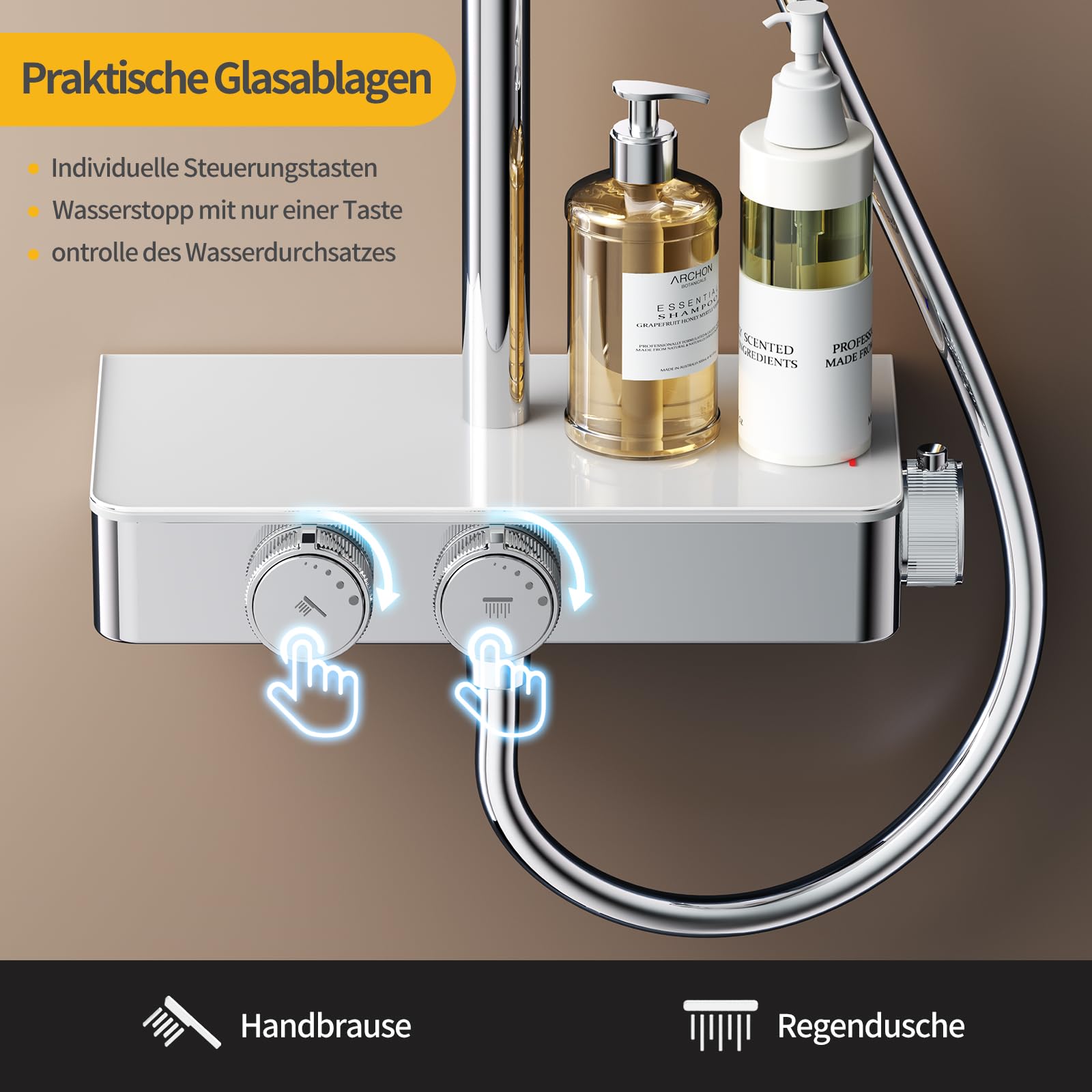 HANLIAN Duschsystem mit Thermostat, Duscharmatur Komplettset mit Sicherheitsverriegelung, Regendusche mit Armatur, Duschamaturenset Regendusche mit Anhebbarer Brausestange (Stil L38, Chrom)