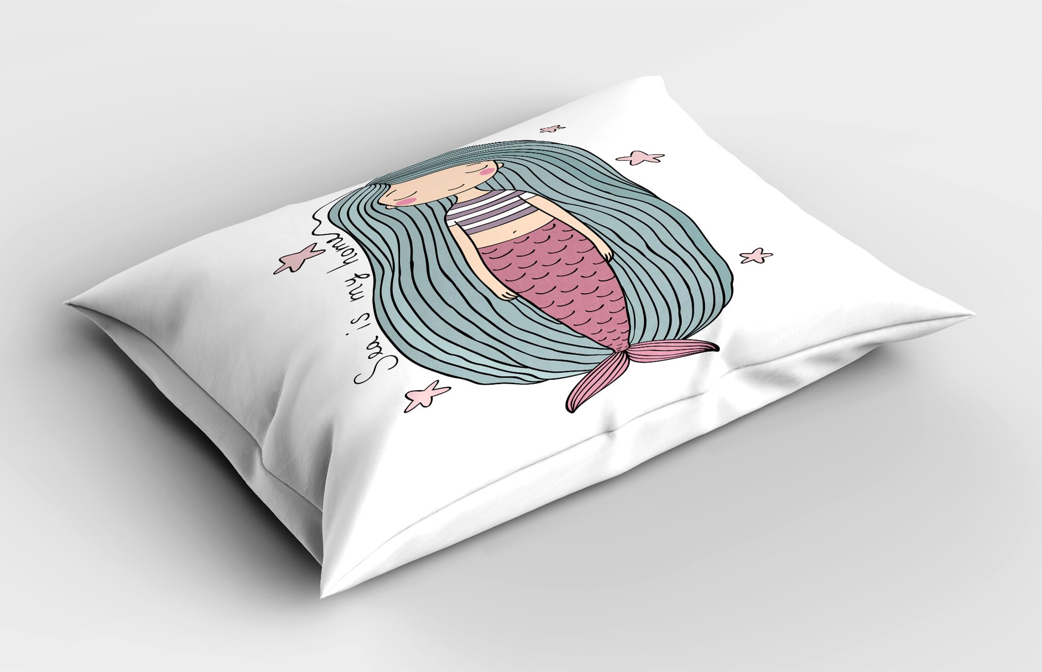 Ambesonne Mermaid Pillow Sham Set of 2, Sea is My Home Words Written in Strand of Hair Girl Sleeping with Stars, Quality Microfiber Bedding Item for All Seasons, 30