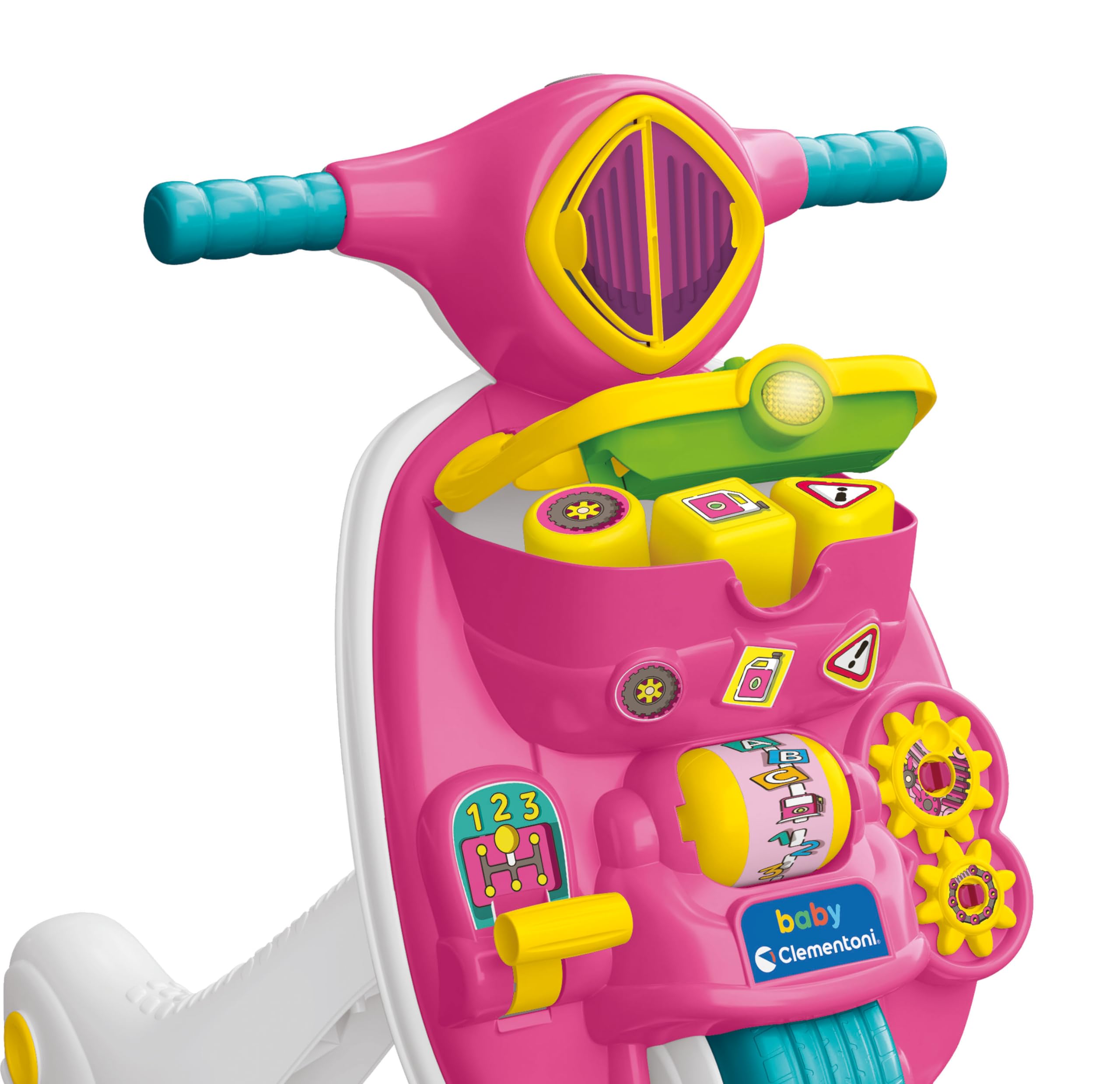 Baby Clementoni - Valentina Scooterina 2 in 1, Moto Bambini Spingibile Primi Passi 9+ Mesi, Centro attività Prima Infanzia per Imparare Lettere, Numeri e Parole, Made in Italy, Lingua Italiana, 17853