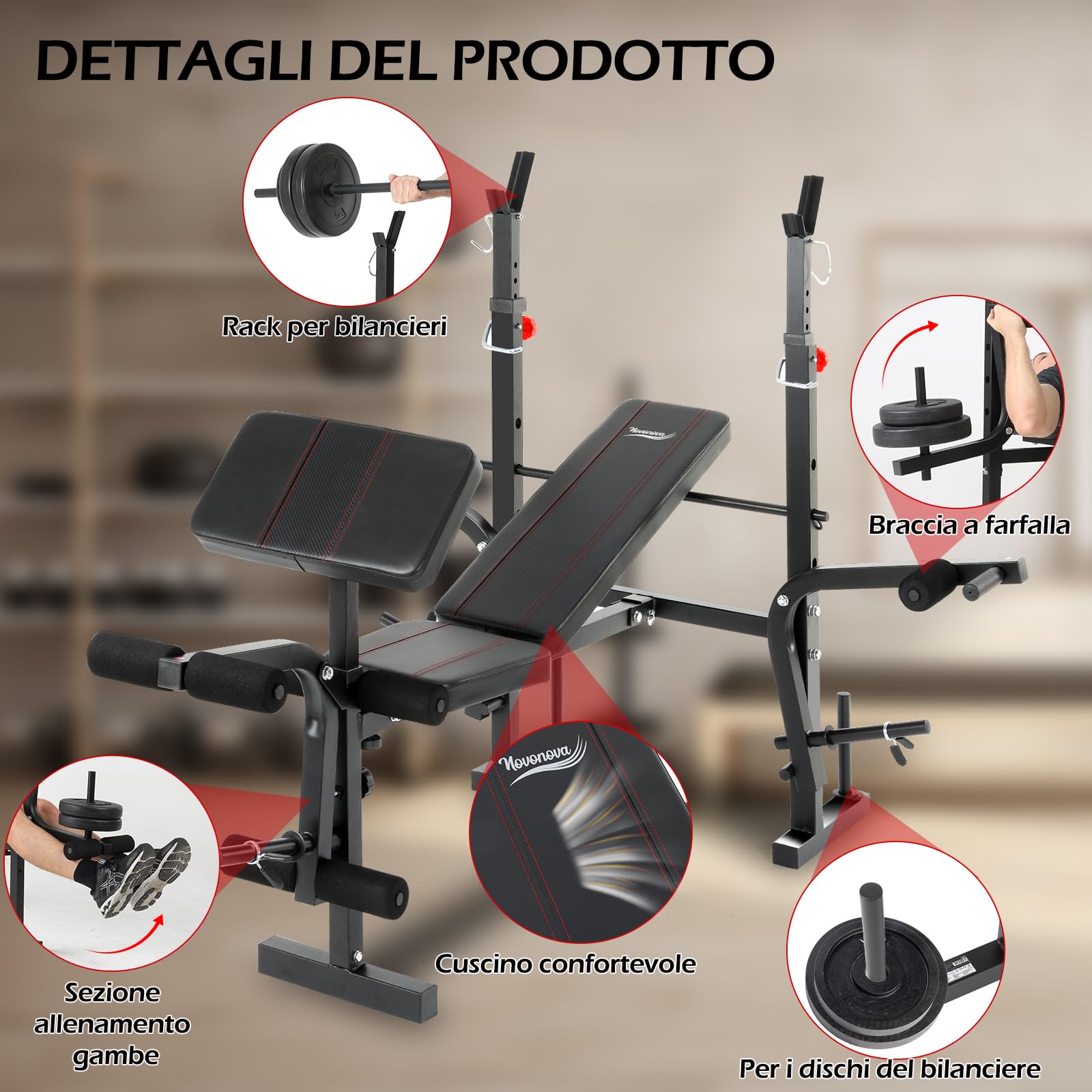 Panca Multifunzione Pieghevole per Palestra Casa, Panca Regolabile Pesi con 4 Inclinazioni per Allenamento, NV-5431