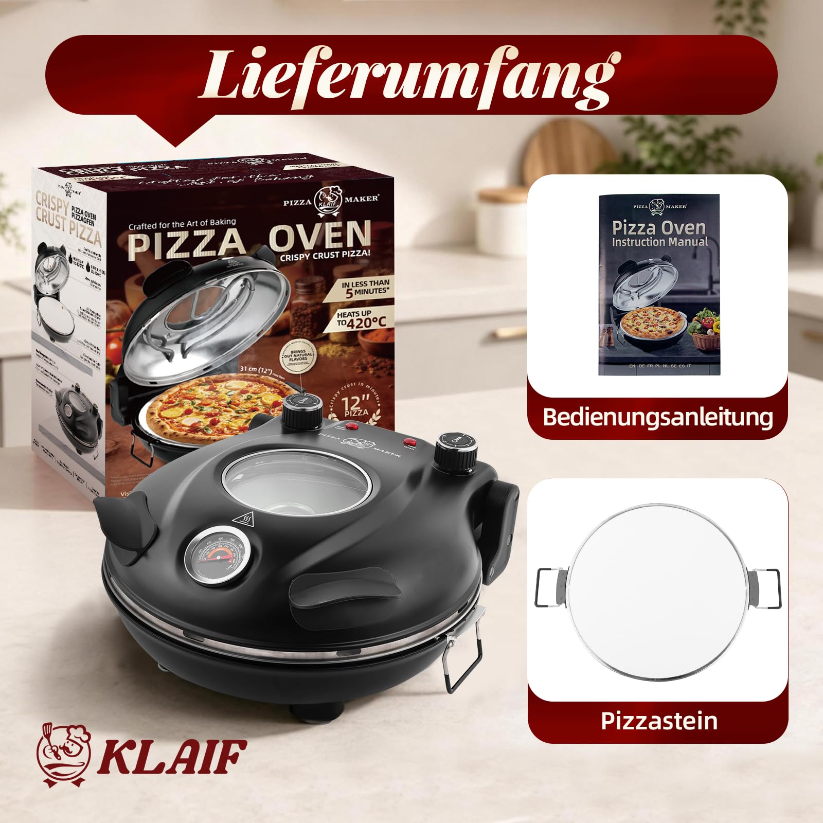 KLAIF Elektrischer Pizzaofen 420 °C 31 cm Keramik-Pizzastein 1200 W separat regelbare Ober- und Unterhitze