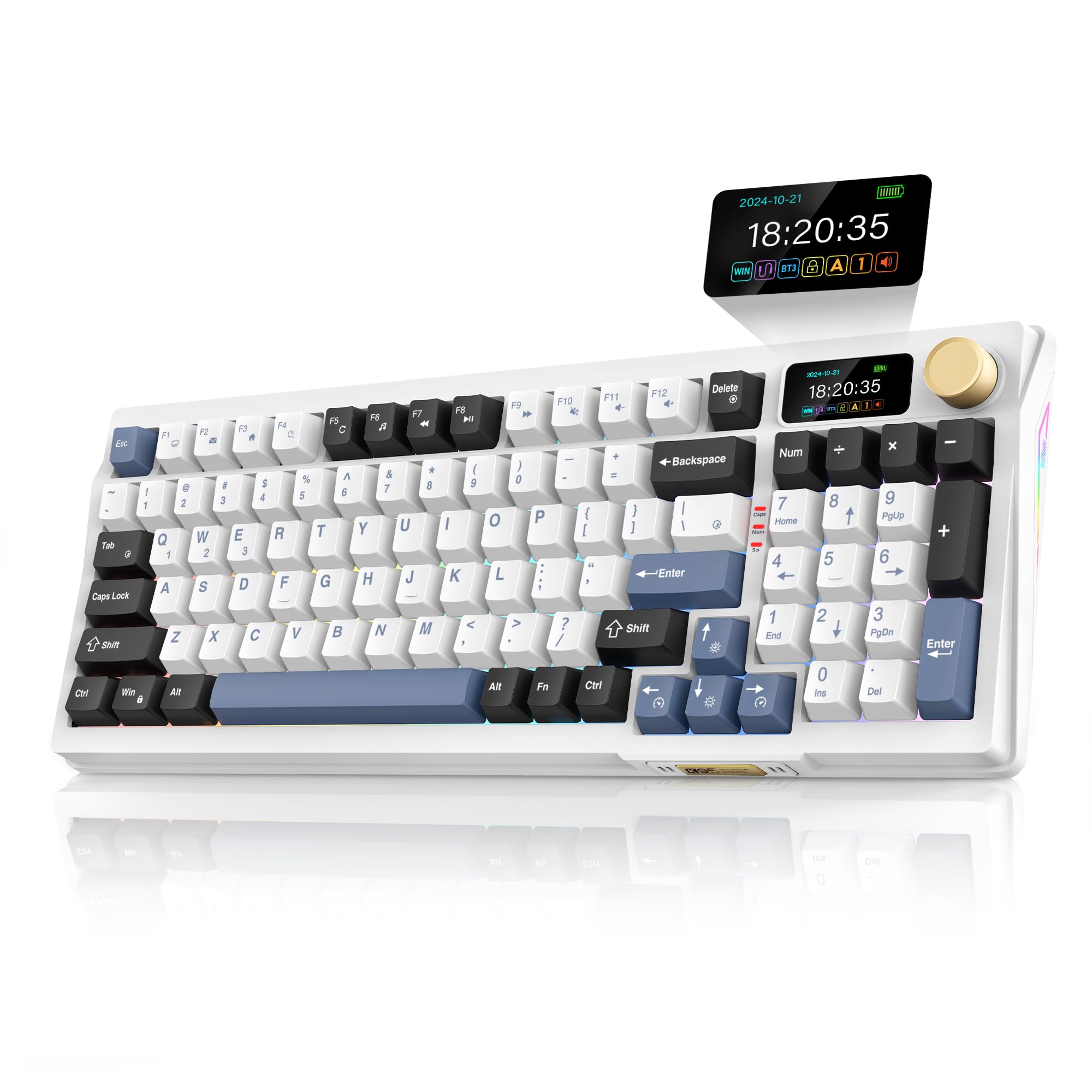 RedThunder K95 Wireless Mechanical Keyboard, TFT Screen & Knob, Tri-Mode BT5.0/2.4GHz/USB-C Hot Swappable Custom, Pre-lubed Linear Switches, Gasket Structure, RGB Gaming Keyboard, Snowy White-Blue-image-29
