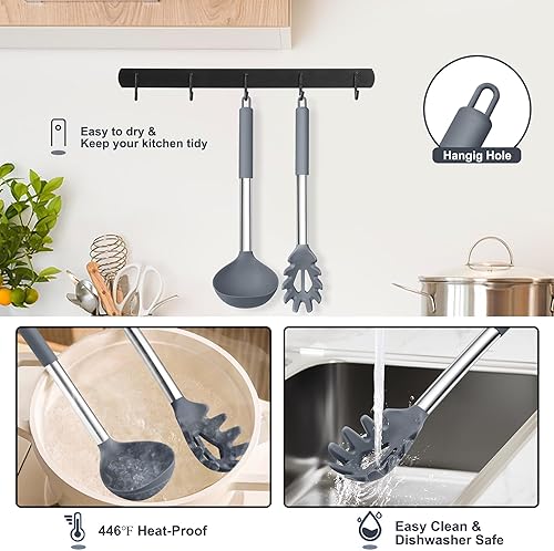 Miniatura 6 de TeamFar Utensilios de cocina de silicona, 2 cucharones grandes antiadherentes para sopa y tenedor de pasta para cocinar, mezclar, servir sopa,