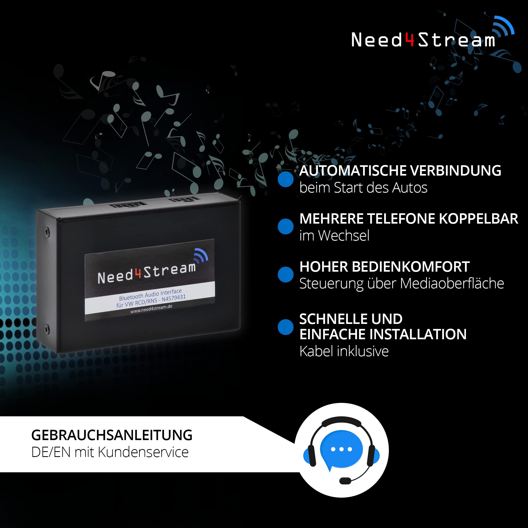 N4S79431 Adattatore Bluetooth Auto compatibile con VW, Skoda e Seat, adattatore audio con display del titolo per RCD/RNS adatto a iPhone e Android