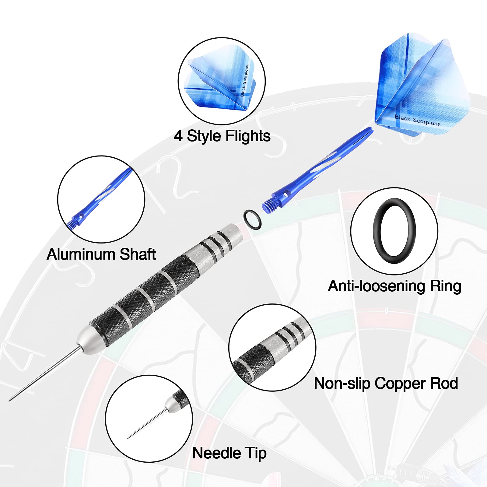 Dartpijlen, 12 Stuks Stalen Dartpijlenset, 24 Gram Professionele Stalen Darts Met Metalen Punt Dartpijl Dartpijl Aluminium Schacht 30 Flights 50 Anti Losse Rubberen Ringen Stalen Darts