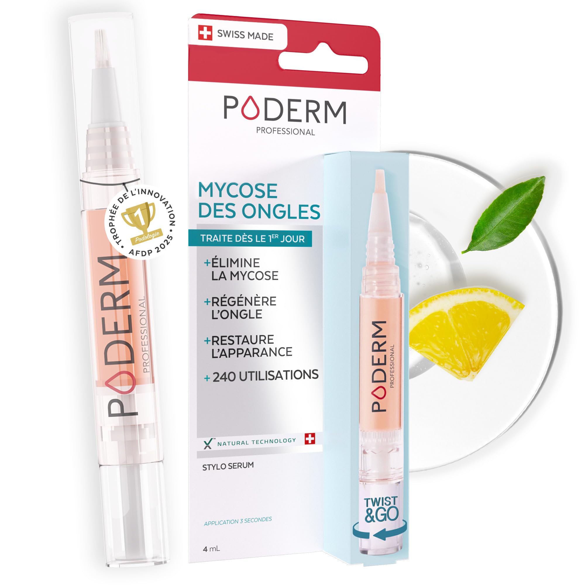 PODERM Stylo Mycose Ongles Des Pieds 4ML – Formule Vegan | Traitement 3en1 Elimine la Mycose | Nail Care Pen | 3 Secondes Par Jour et Résultats Rapides | Créé Par Une Podologue - Fabriqué en Suisse