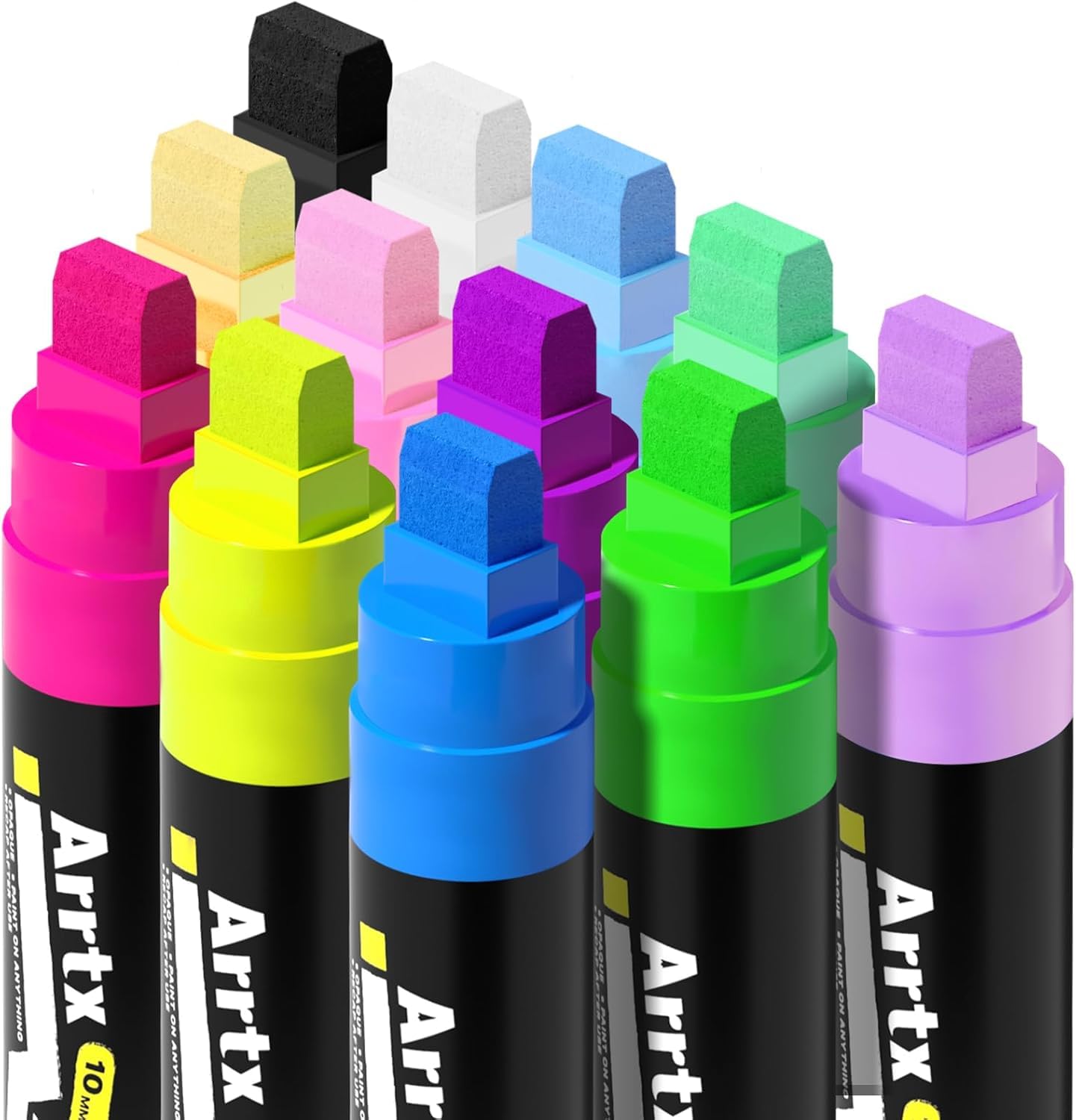 Arrtx 12 Pack Acrylic Marker Pens Chisel Tip 10mm Wide Marking Waterproof Quick Dry Stain Resistant for Cardboard, Plastic, Wood, Metal, Glass 1