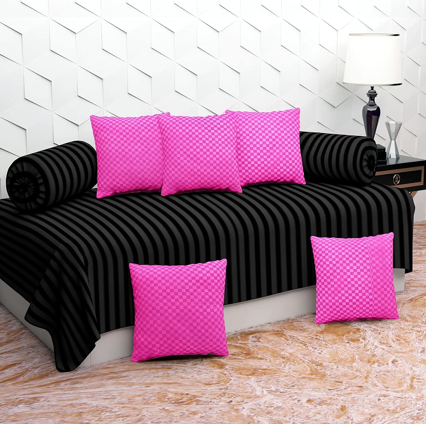 Polycotton 8 Pcs Diwan Set (1 Satin Stripe Single Bedsheet, 2 Bolster Covers, 5 Cushion Covers) (Black-Pink)-picture-23