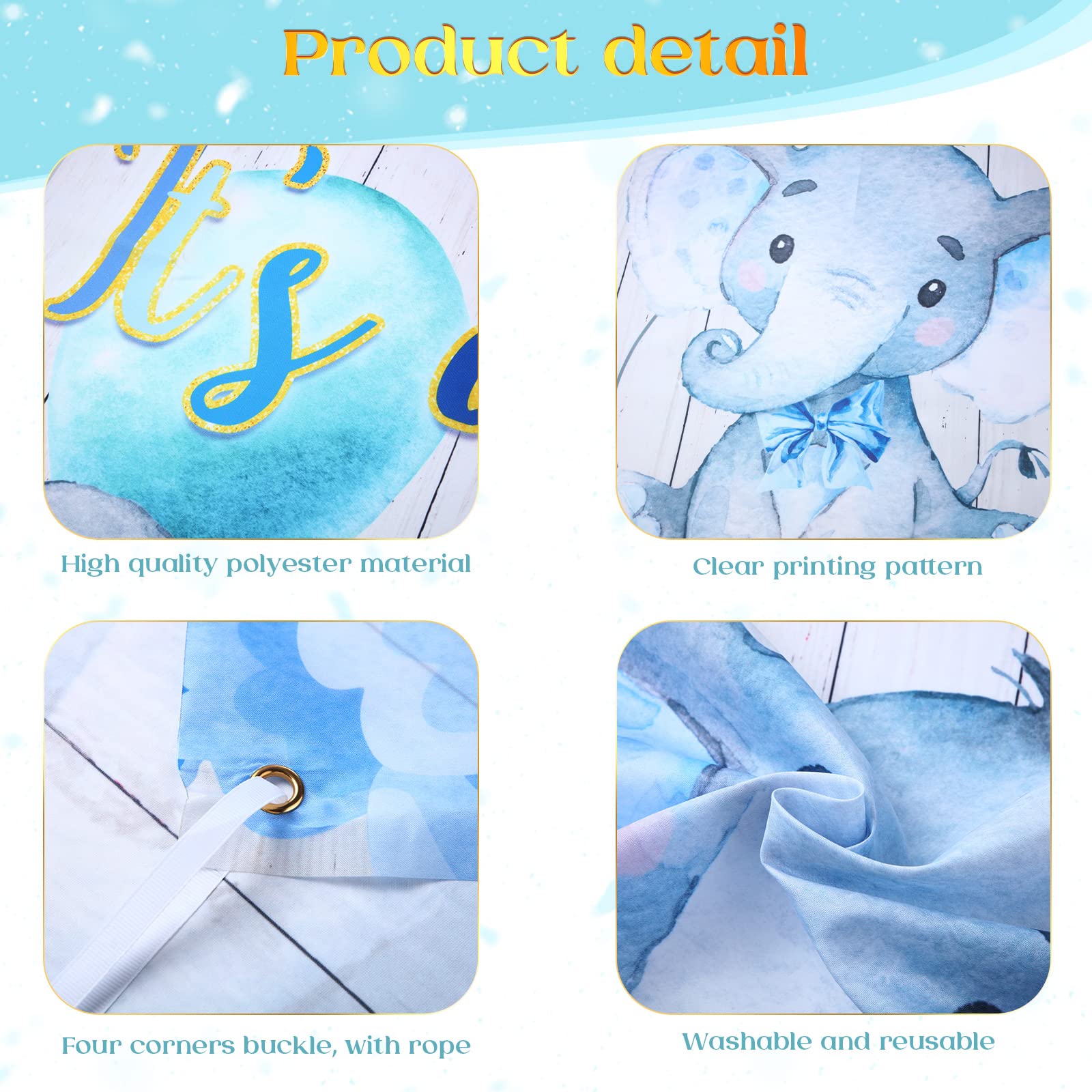 Elefante decoración de fiesta de baby shower, 121 piezas azul suministros de fiesta incluyen telón de fondo, globos, mantel y decoración de pastel para baby shower, género, tema de elefante,