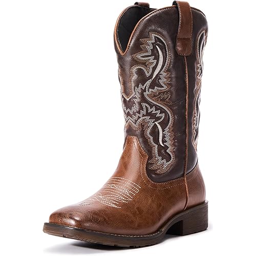 Men's Western Cowboy Boots - Square Toe Embroidered Side Zipper Boots, Slip Resistant Low Stable Heel All Day Comfort No Break-In Country Boots for Casual Work Daily Wear Line Dancing, Wide Feet Friendly