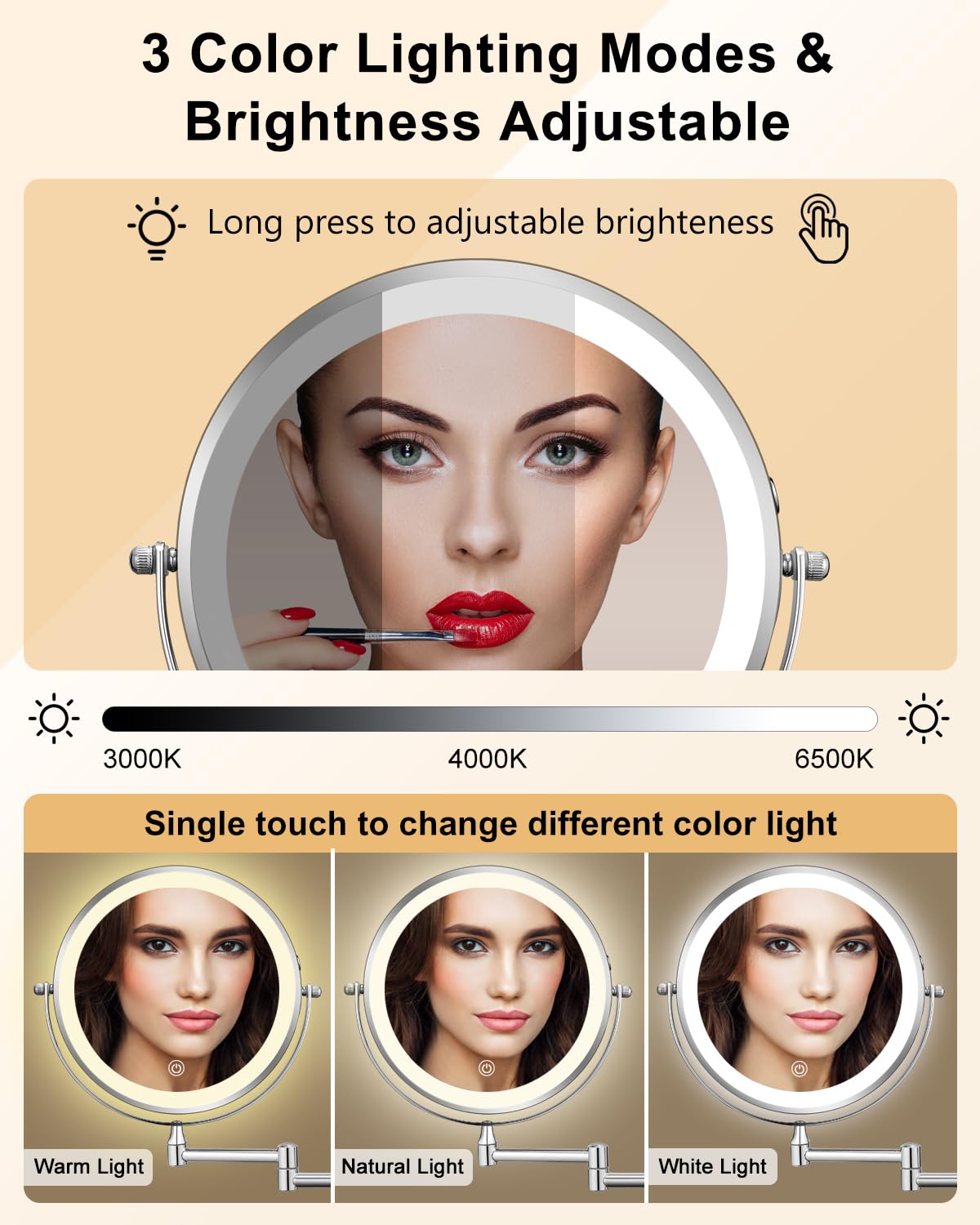 DECLUTTR Rechargeable Wall Mounted Makeup Mirror, 8 Inch 1X/10X Magnifying Mirror with 3 Color Lights, Dimmable LED Lighted Makeup Mirror with Double Sided, Chrome