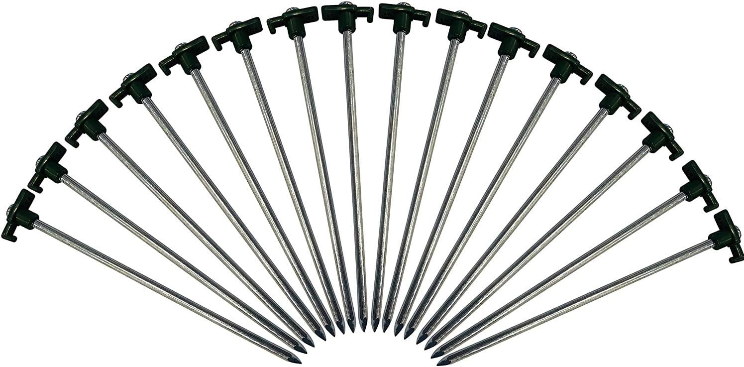 Eurmax USA Galvanized Non-Rust Camping Family Tent Pop Up Tent Stakes Ice Tools Heavy Duty 20pc Pack With 4x10ft Ropes And 1 Orange Stopper