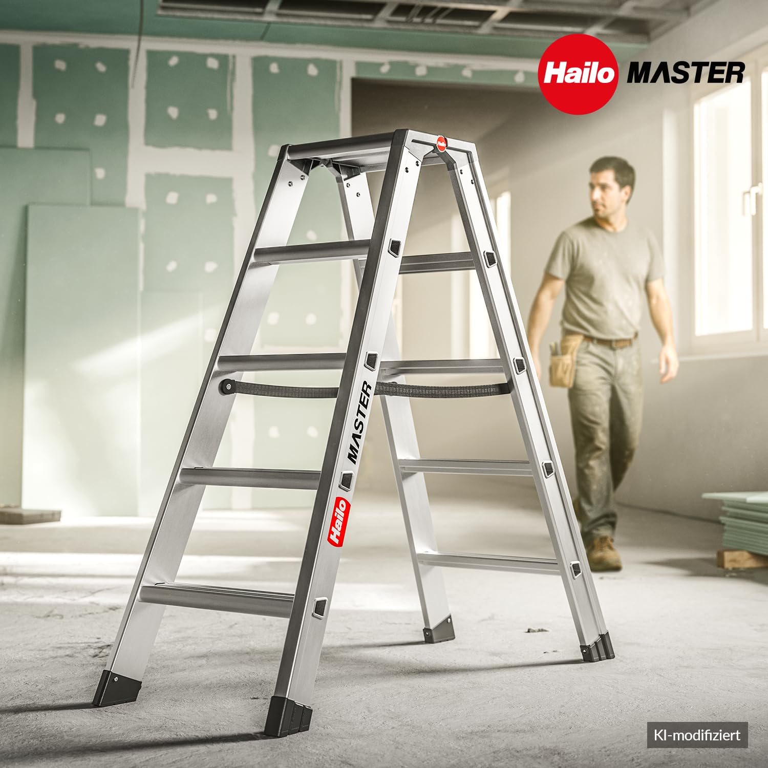 Hailo Master D100 - Escalera de doble peldaño (aluminio, transitable por ambos lados, peldaños antideslizantes, gran superficie de apoyo, 2 x 6 peldaños, certificado EN 131, soporta hasta 150 kg)