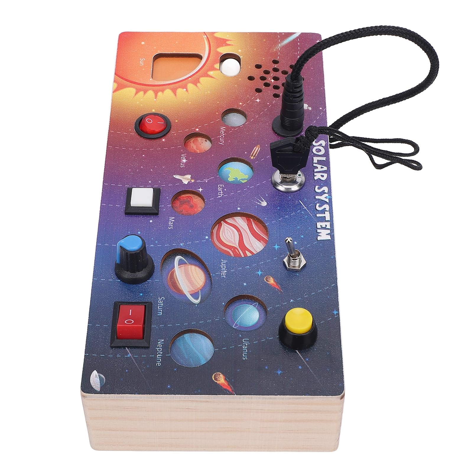 Topiky Toddler Solar System Sensory Activity Board, Solid Wood Switch Design Toy for Early Education, Space Planet Busy Board for Fine Motor Skills, Interactive Light Up Learning Toy