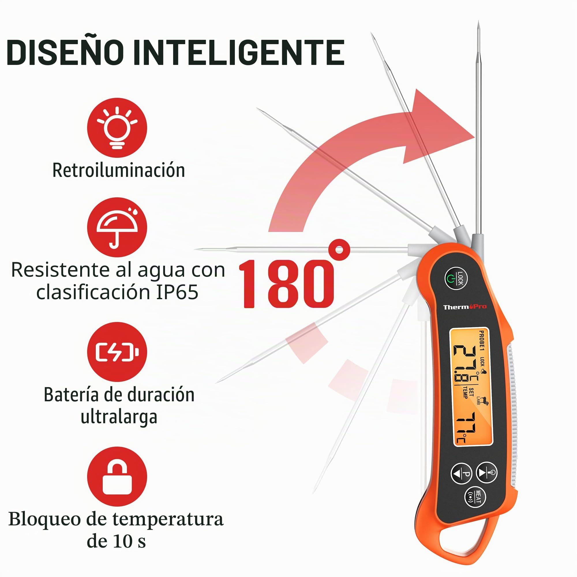 ThermoPro TP710 Termómetro de Cocina de Lectura Instantánea para Alimentos, Termómetro para Carne Impermeable 2 en 1 con Sondas Duales y Pantalla de Temperatura Dual para Horno