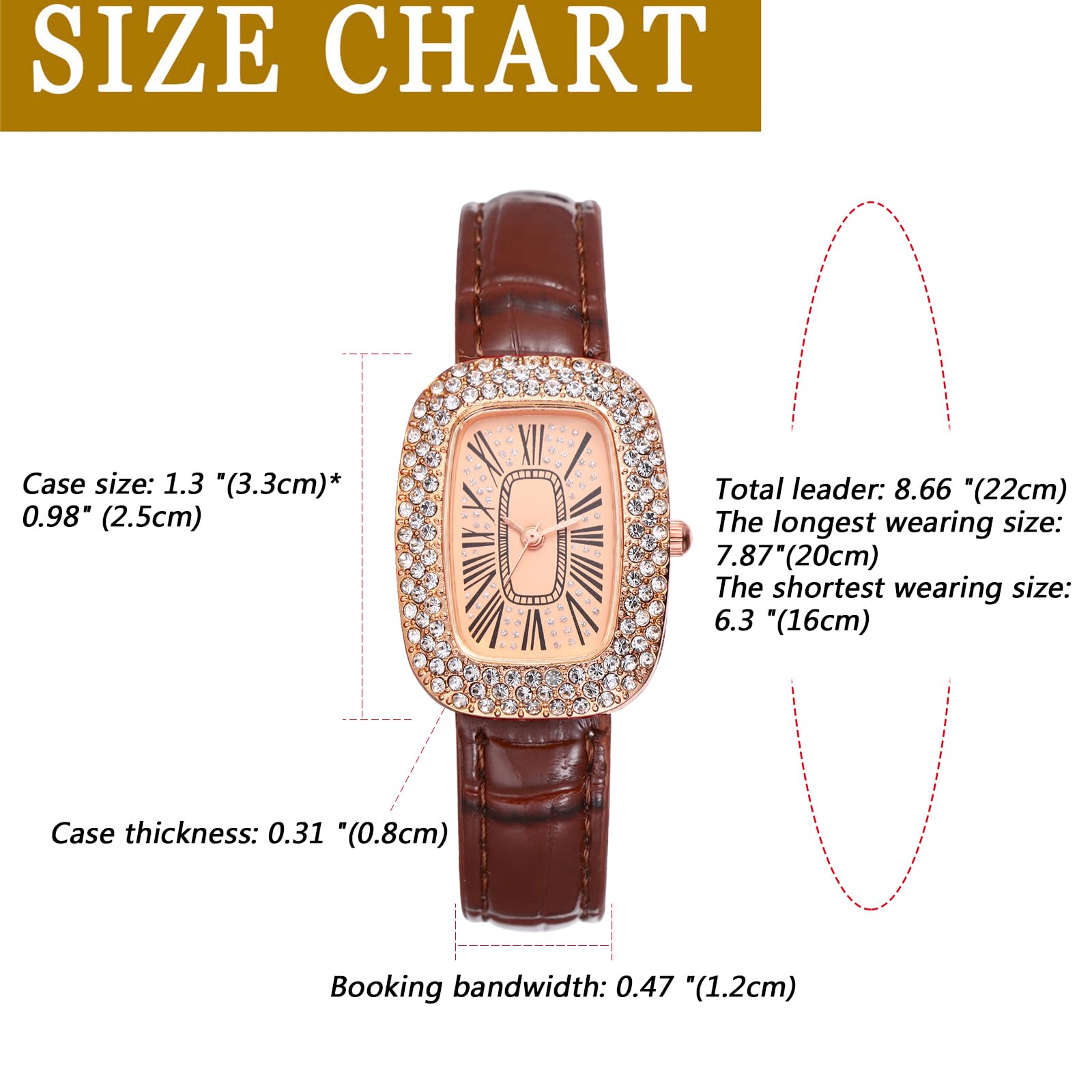 JewelryWe Zegarki damskie skórzane prostokątne – elegancki błyszczący stras, analogowy zegarek kwarcowy na rękę, zegarek na rękę, swobodny zegarek z prostokątnymi cyframi rzymskimi i skórzanym paskiem