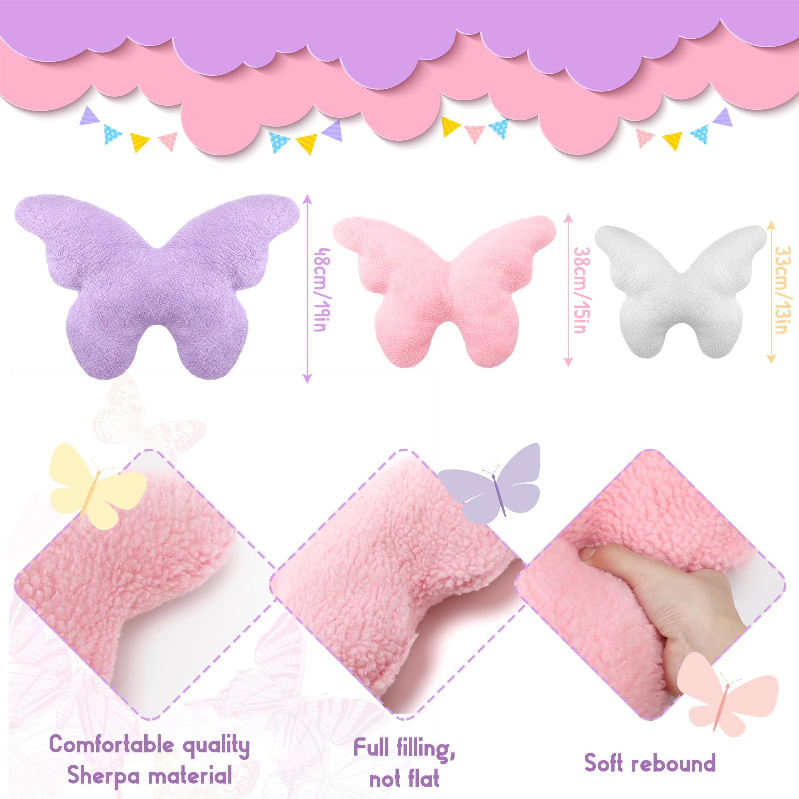 Shellwei 3 Pcs Butterfly Decorative Pillow Sherpa Cute Playroom Nursery Pillow Kawaii Decorative Nursery Accessories Gift for Girls Boys Kids(Butterfly)