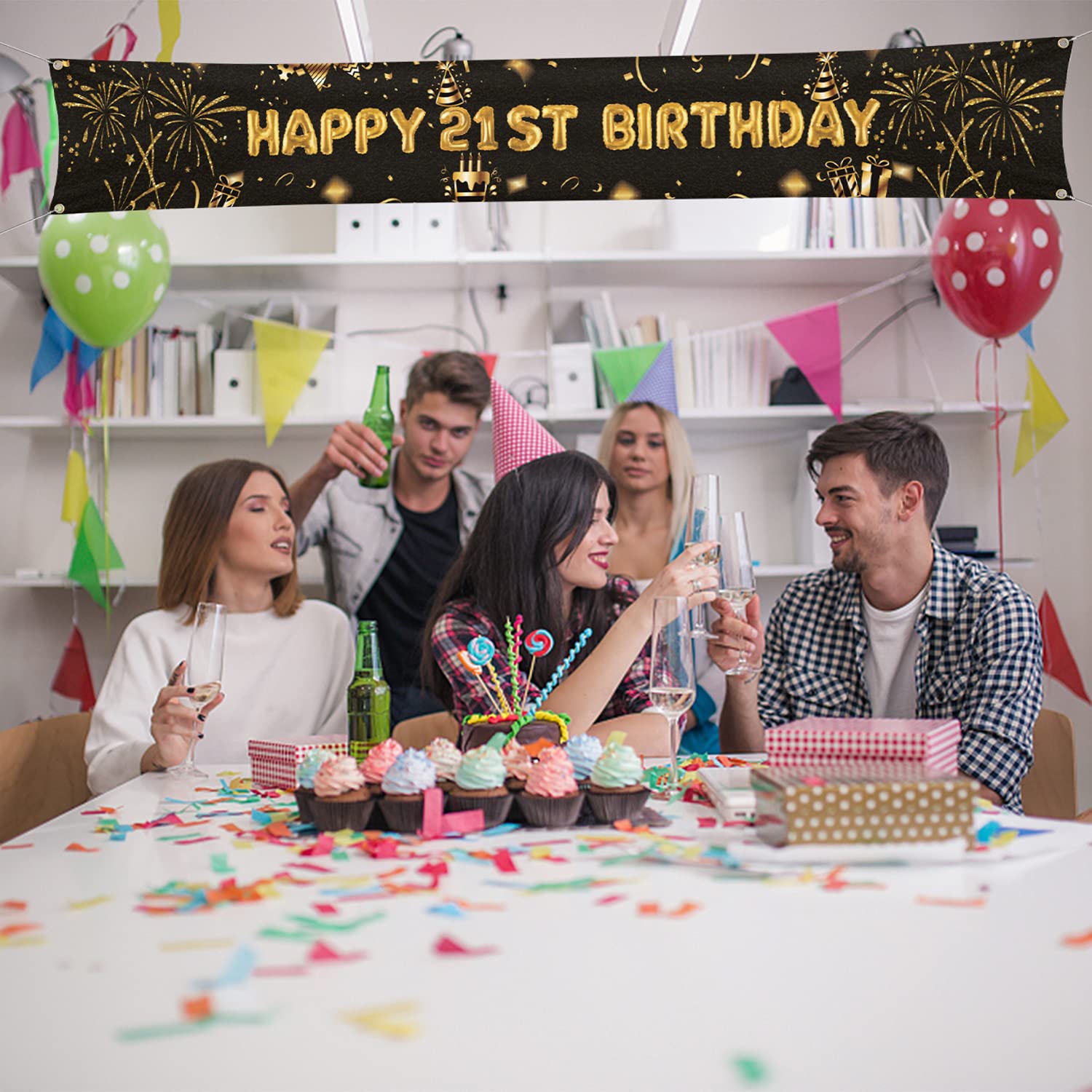 Striscione Compleanno 21 Anni Nero-Oro - Sfondo Fotografico 185x110cm Per Feste | Decorazione Parete Elegante