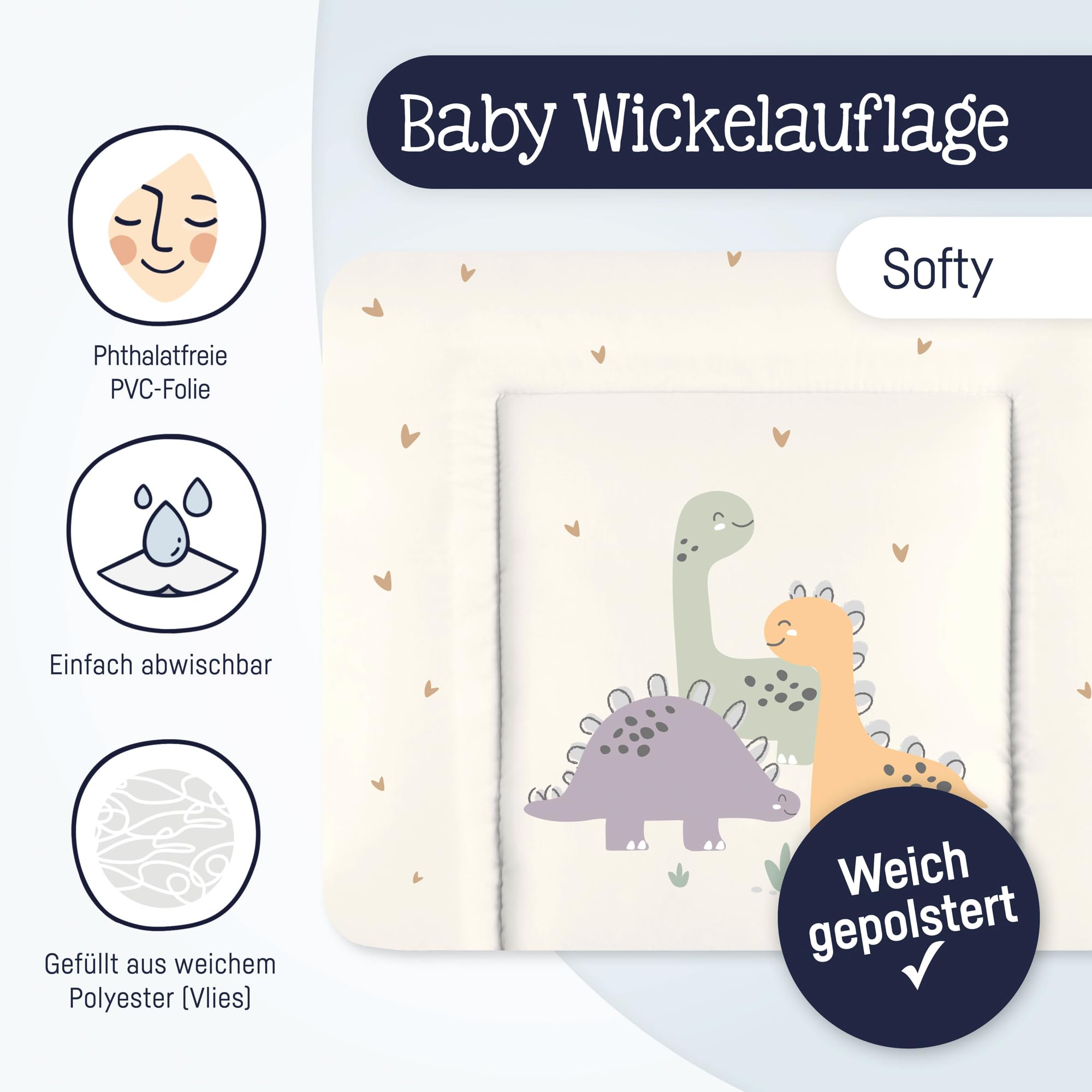 Julius Zöllner Colchón cambiador Softy 65 x 75 cm – Cambiador – Impermeable y lavable – Fabricado en Alemania – Oeko-Tex Standard 100 – Little Dinos