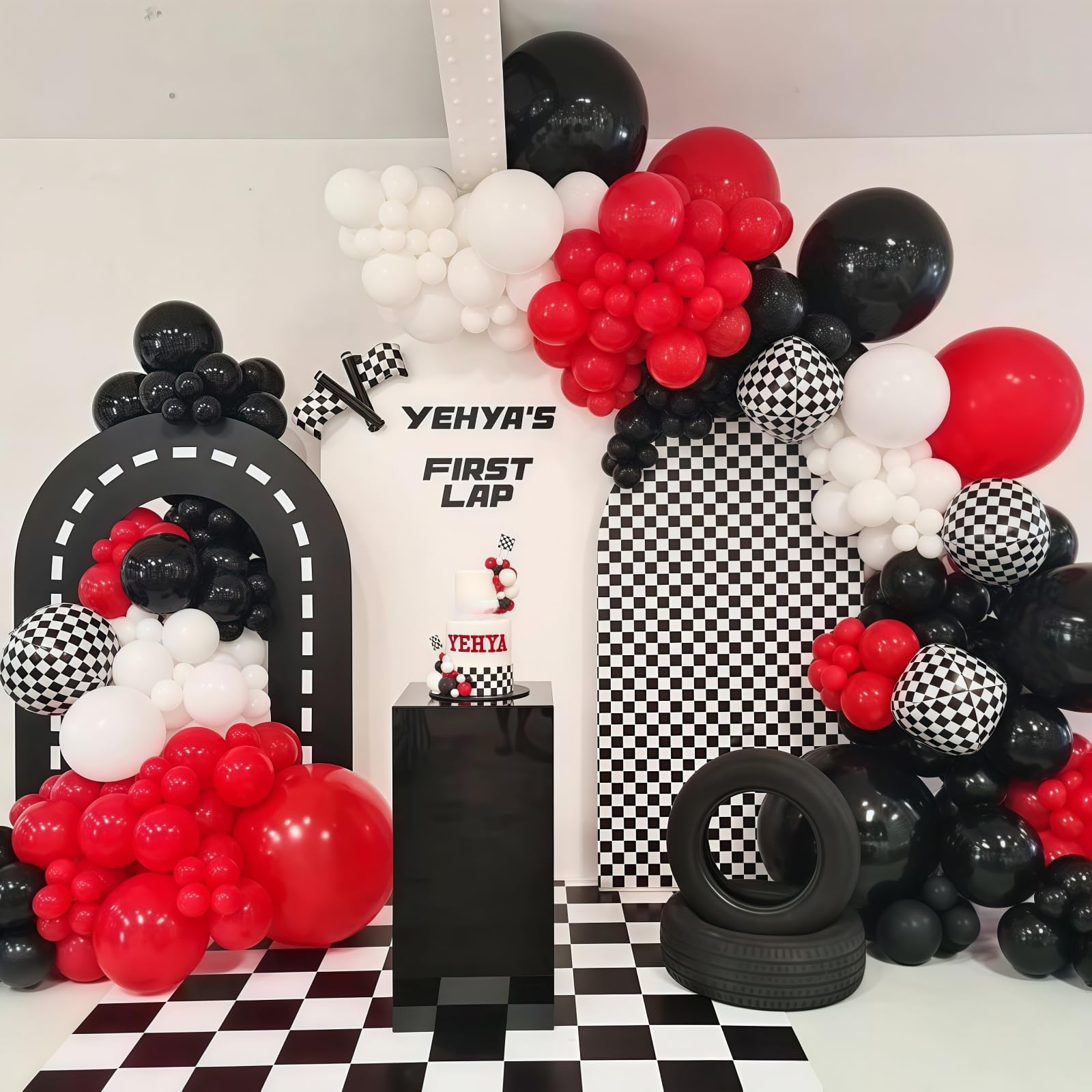 Racing Car Balloons Arch Garland Kit, Red and Black White Checkered Foil Balloons Garland Kit, Wheels Balloon for Boys Birthday Baby Shower Race Car Theme Party Decorations Supplies — view 6