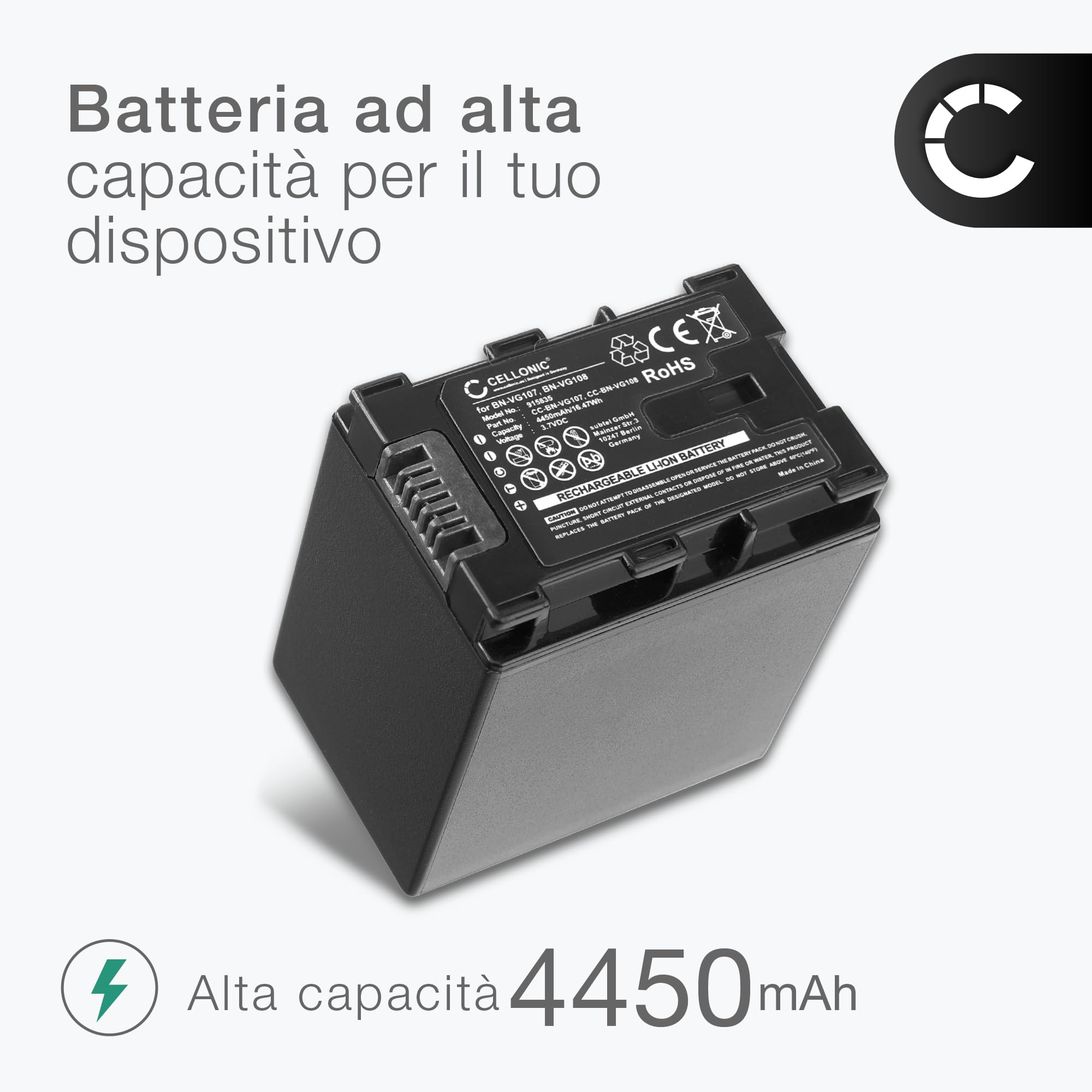 CELLONIC 1x Batteria compatibile con JVC BN-VG114, GZ-HM430, GZ-HM655 | 1x, (4450mAh-3.7V-Ioni di Litio), Fotocamera Batteria per JVC BN-VG114, GZ-HM430, GZ-HM655, BN-VG107