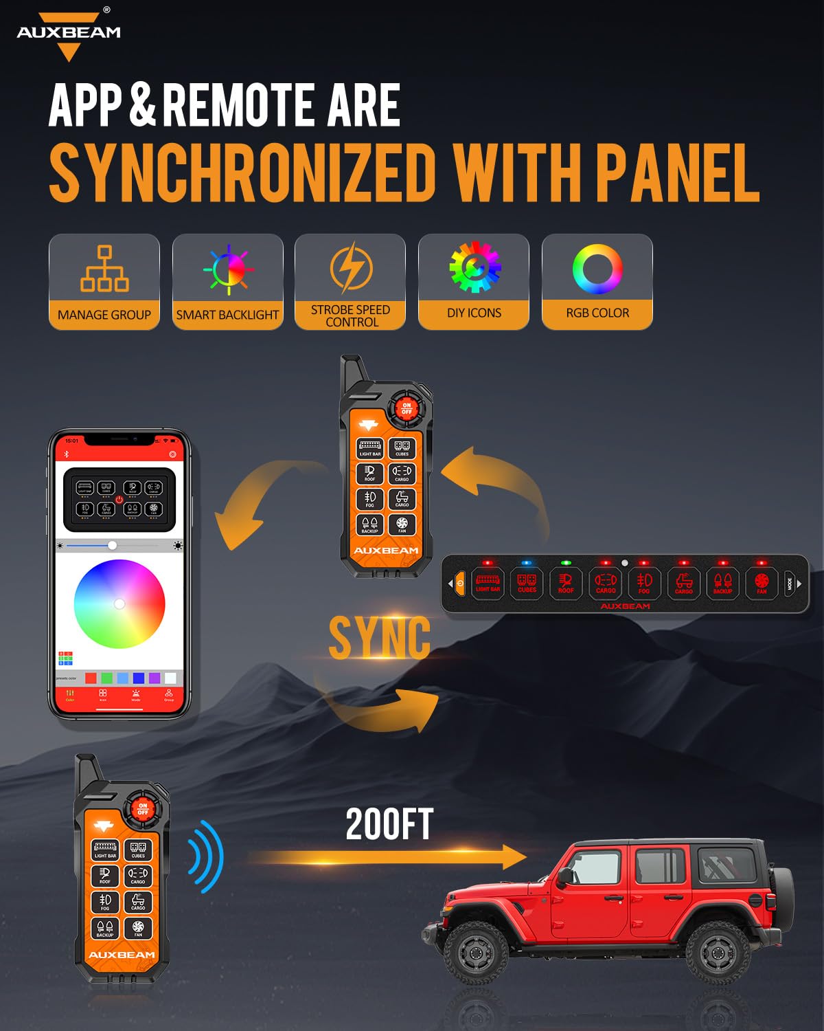 Auxbeam Pannello di commutazione sottile a 8 bande Bluetooth RGB AS-800 con APP e telecomando Toggle Interruttore pulsato momentaneo Pod Off Retroilluminazione per camion fuoristrada UTV ATV Auto