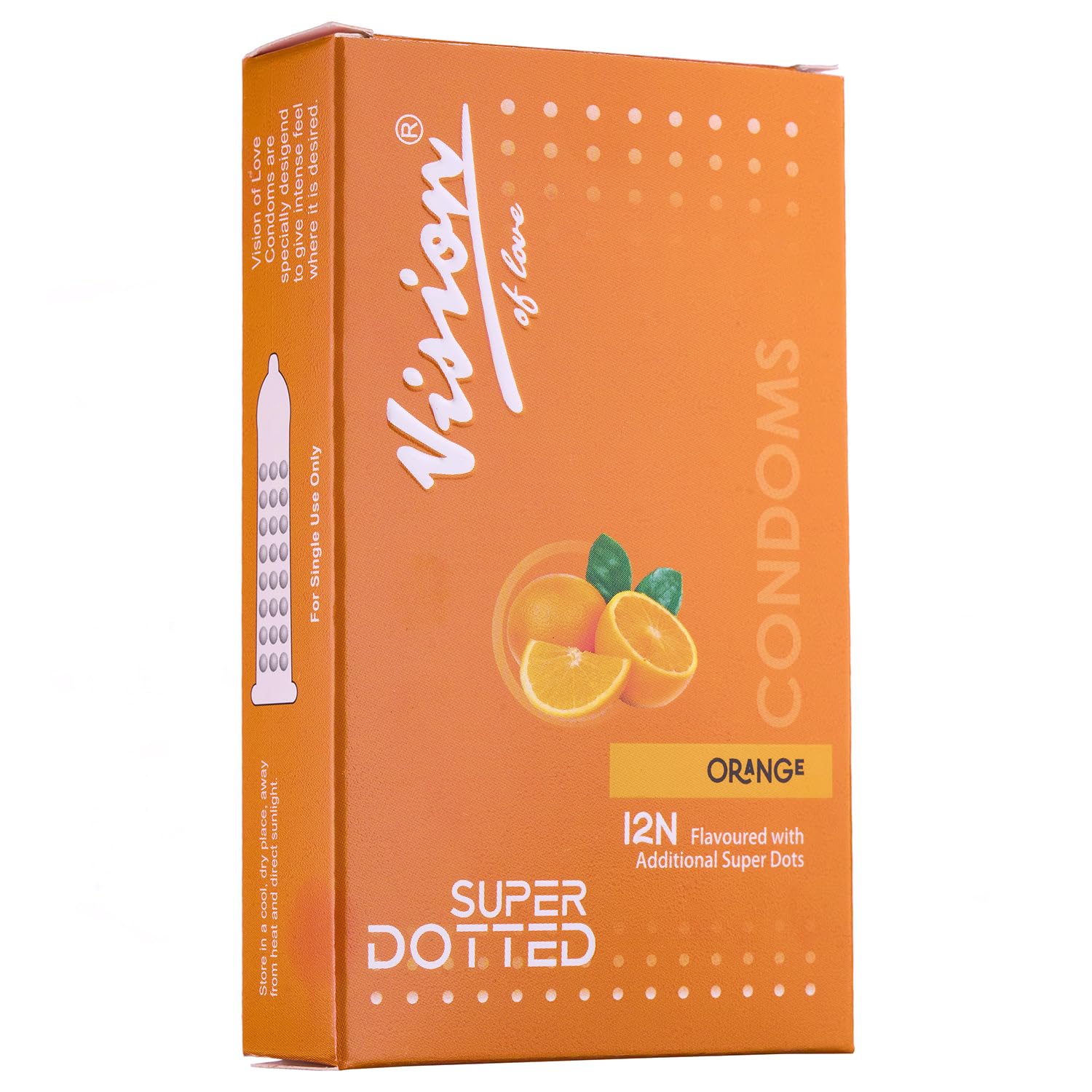 Vision Of Love Super Dotted Real Feel Condoms for Men | Ultra Soft | For Extra Pleasure and satisfaction | Long Lasted, Lubricated | Orange Flavour Condoms - 12 (Pack of 1)-image-3