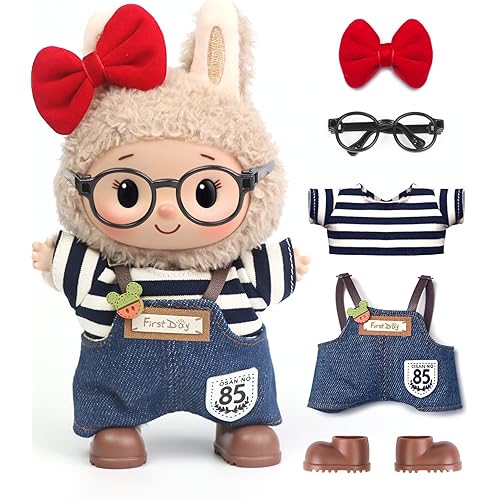 WASAFV Clothes for Labubu Outfits, Clothes for Labubu Clothes Set Fit 6.69''/17cm Doll Clothes Designer, Premium Outfit with Accessories, Red Bow&Denim (NO Doll)
