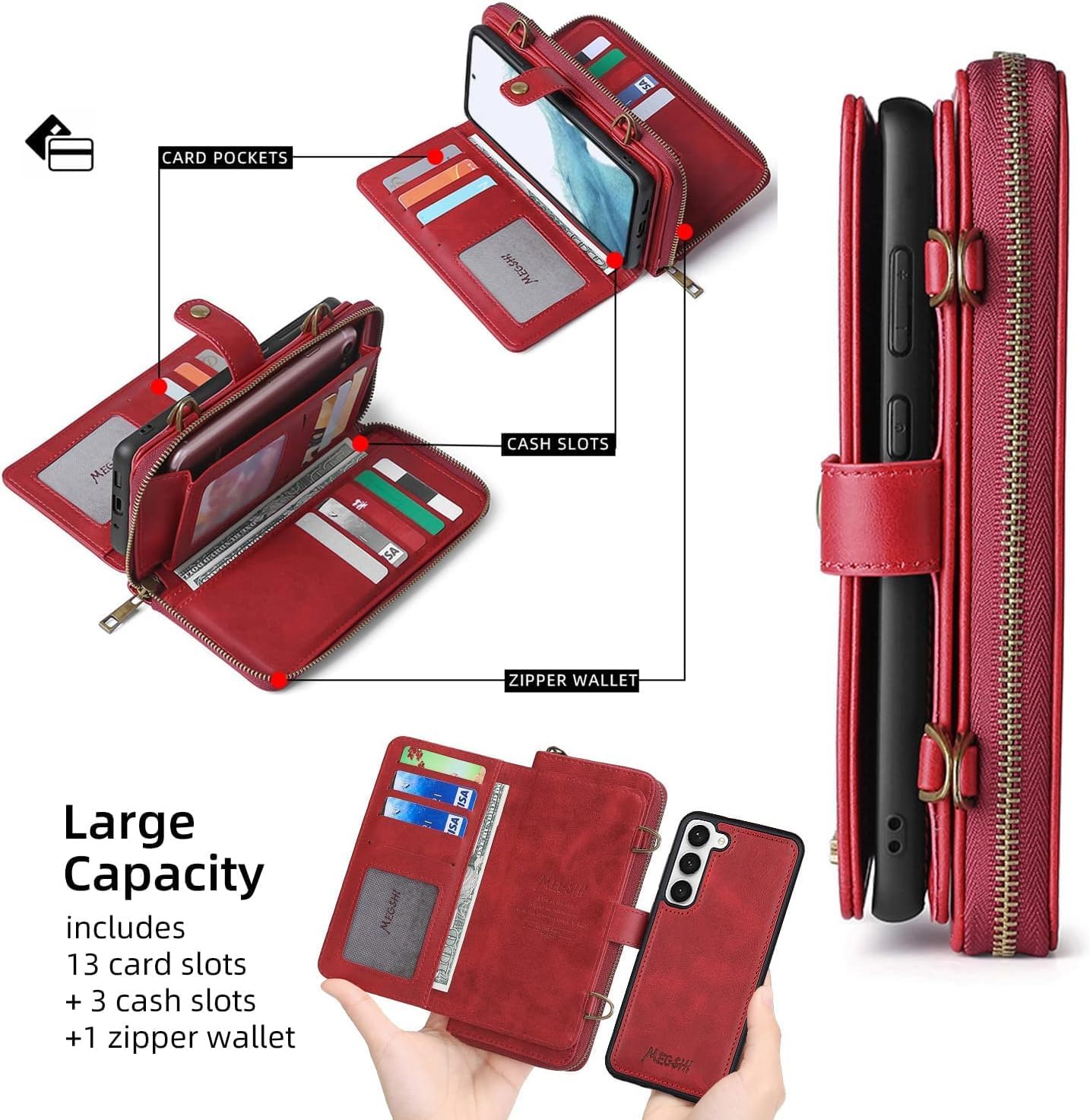 Detachable 2 in 1 Wallet Case for Samsung Galaxy S25 Plus S24+ S25+ 5G with Wrist Strap,Crossbody Shoulder Strap, 9+ Card Slots Zipper Purse,Stand Phone Cover for S25Plus 25S 25+ Red