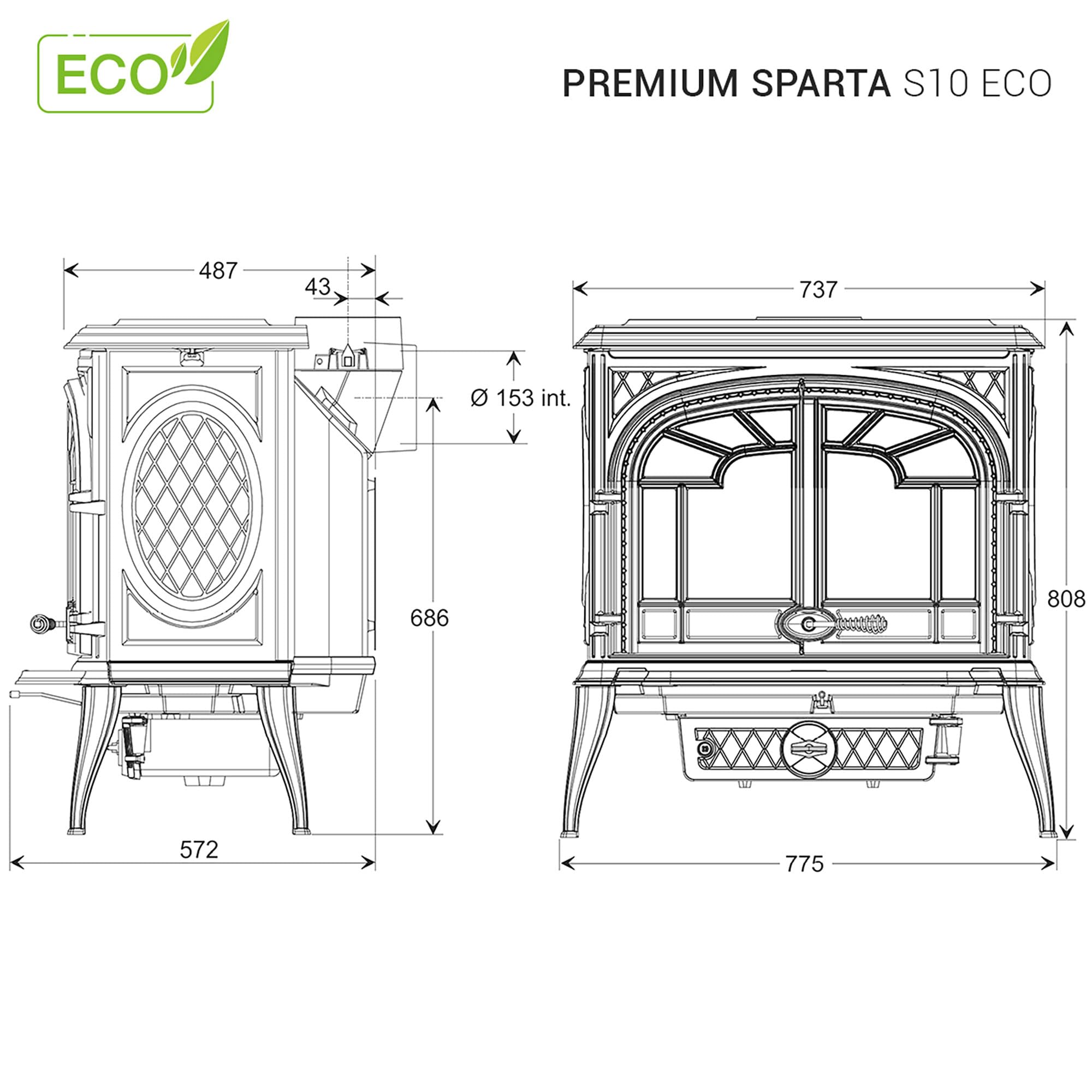 Stufa a legna libera installazione, in ghisa nera - Premium SPARTA S10 ECO