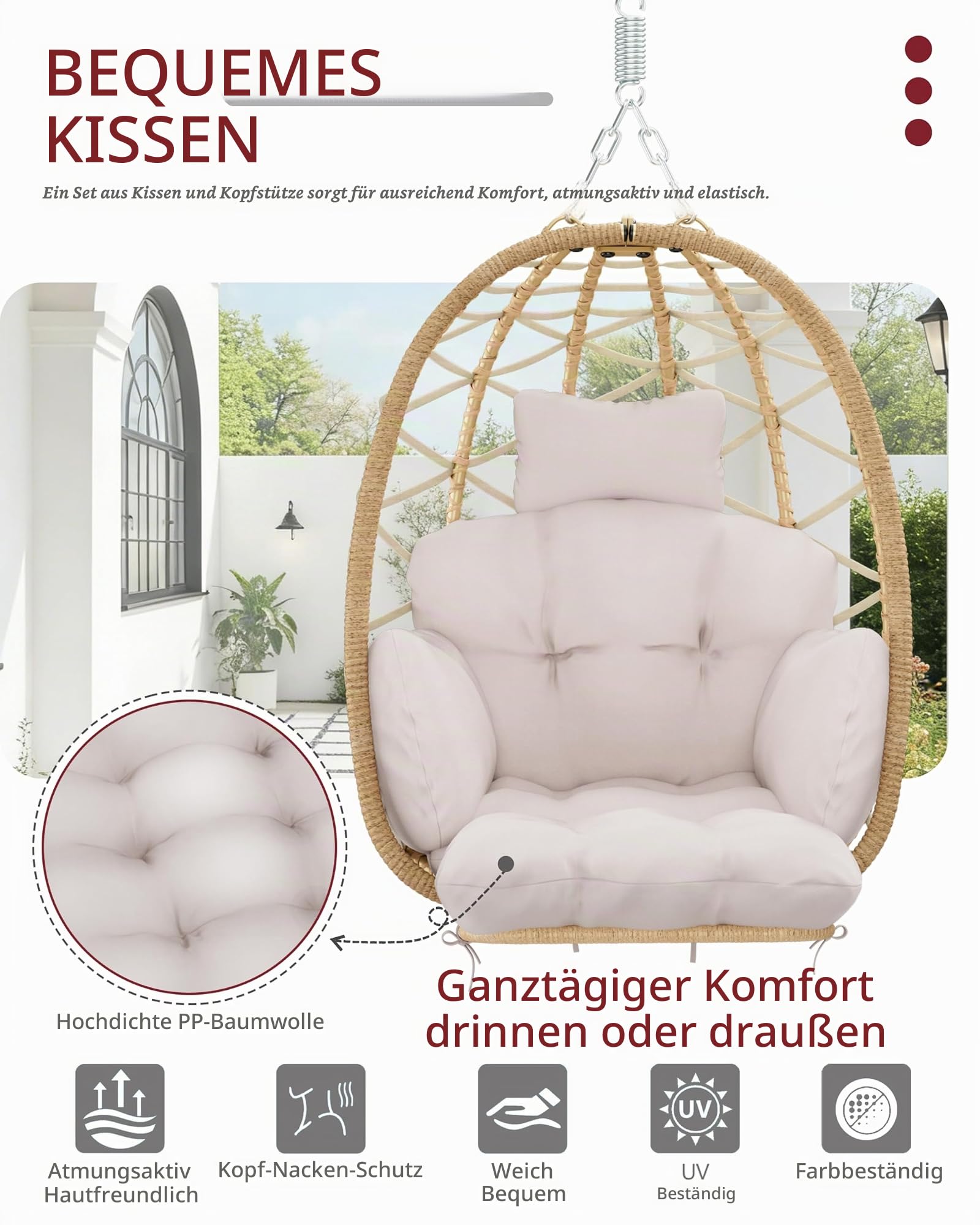 Hängesessel mit Gestell Fußstütze, Hängekorb Sessel, Hängestuhl Rattan Outdoor und Indoor, Hängeschaukel, Egg Chair für Garten, Terasse, Kinderzimmer, Leseecke, bis 150kg
