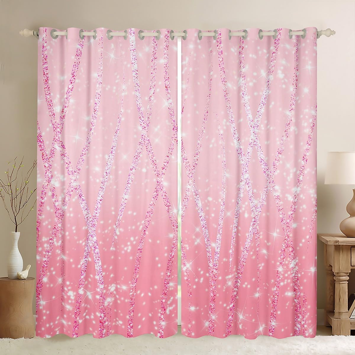 Homemissing Pink Curtains for Bedroom Living Room Kids - Glitter Strips 30%-50% Blackout Window Drapes - Ombre White Window Treatments W52*L63