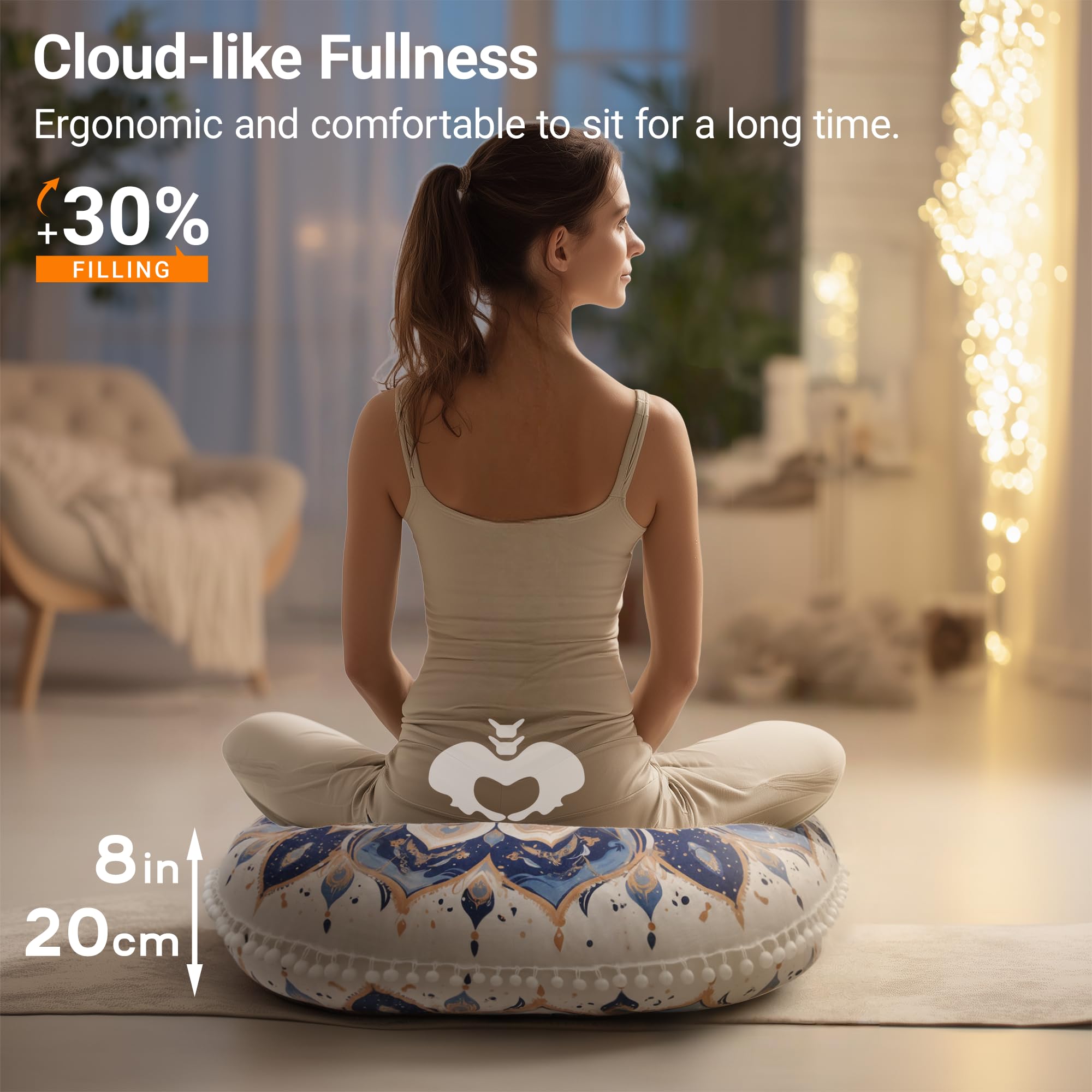 Cojín de Meditación Redondos, Almohada de Suelo con Funda Extraíble y Lavable, 80 cm Cojín de Yoga Ergonómico con Detalles de Pompones, Uso Interior/Exterior, marrón