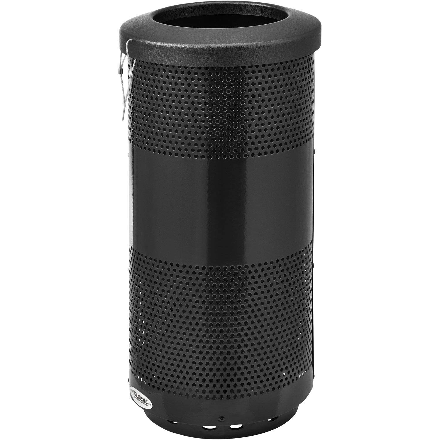 Global Industrial Indoor/Outdoor Perforated Steel Round Trash Can with Flat Open Lid, 20 Gallon Capacity, Plastic Removable Liner, 15-1/2" Diameter x 34-1/4"H, Black
