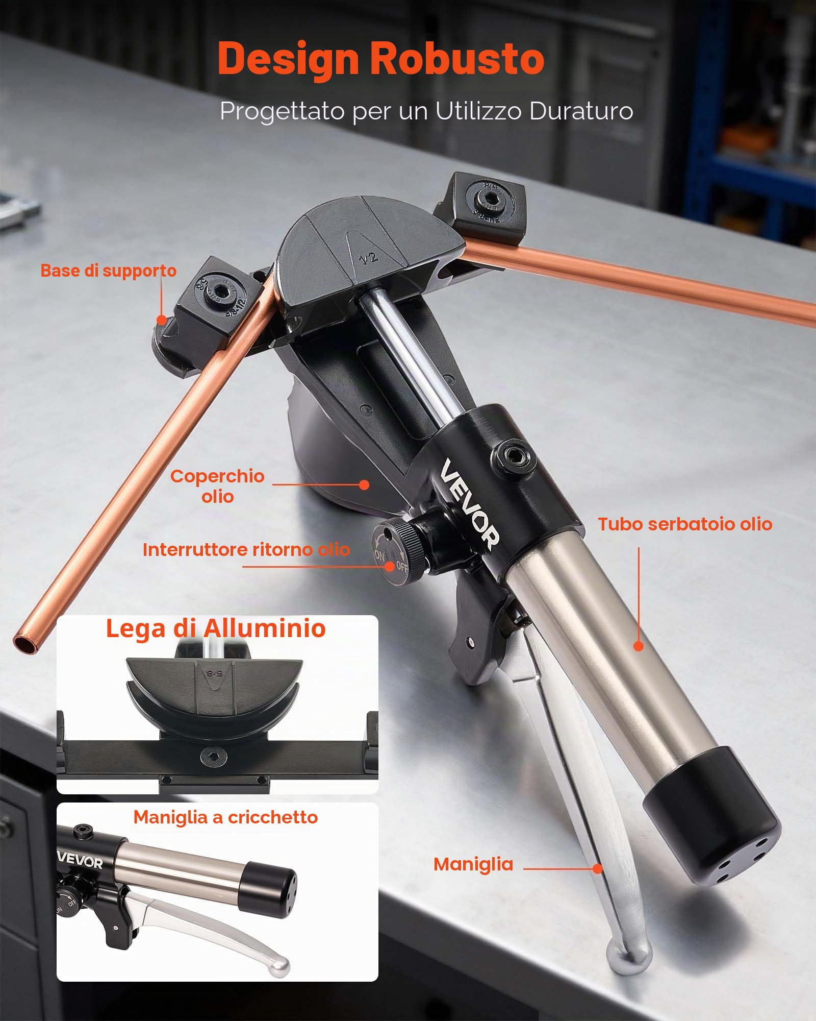 VEVOR Kit Piegatubi Idraulico 6-22mm Pinza Piegatrice Idraulica per Tubi in Rame, Set di Utensili per Piegatura HVAC Curvatura a 90° con 7 Matrici in Lega di Alluminio, per Riparazione di Automobili