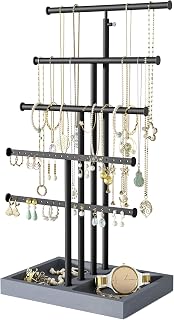 Love-KANKEI 5-Tier Jewelry Organizer Stand with Wood Base - Adjustable Height Necklace Holder for Earrings Rings Bracelets, Weathered Grey Display Tree