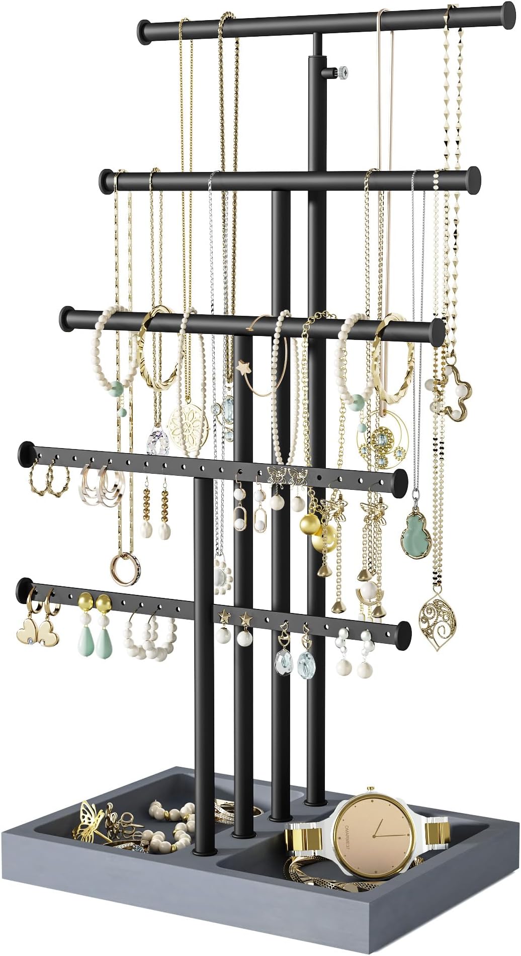 Love-KANKEI Jewelry Organizer Stand, 5 Tier Large Necklace Holder with Wood Base, Jewelry holder stand Tree for Display, Bracelets Earrings Rings, Height Adjustable Gift Weathered Grey