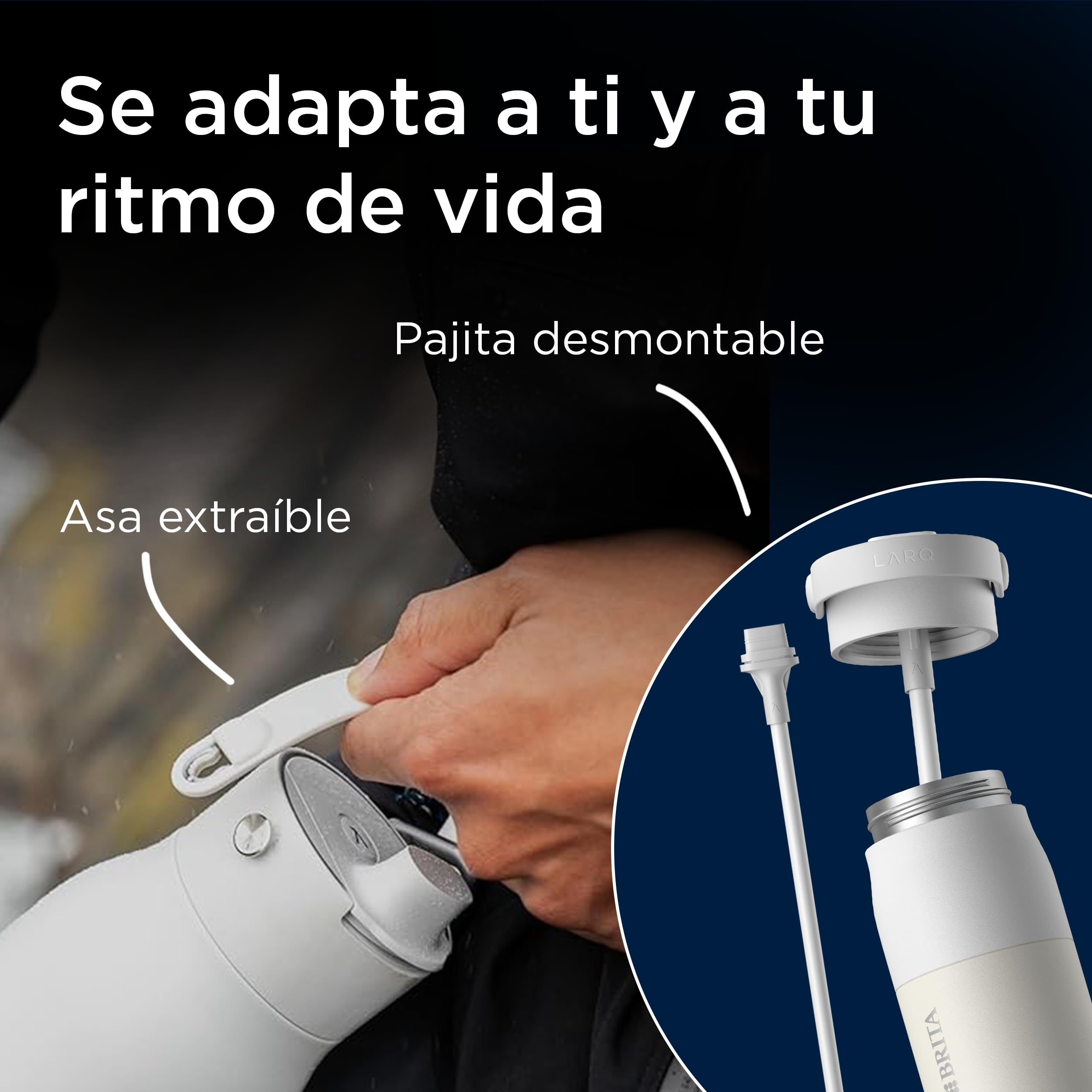 BRITA LARQ Essential botella con pajita Blanco 1000 ml. Botella de agua de acero inoxidable, con aislamiento de doble pared (hasta 24 h de frío), asa soft‑touch extraíble y apta para lavavajillas